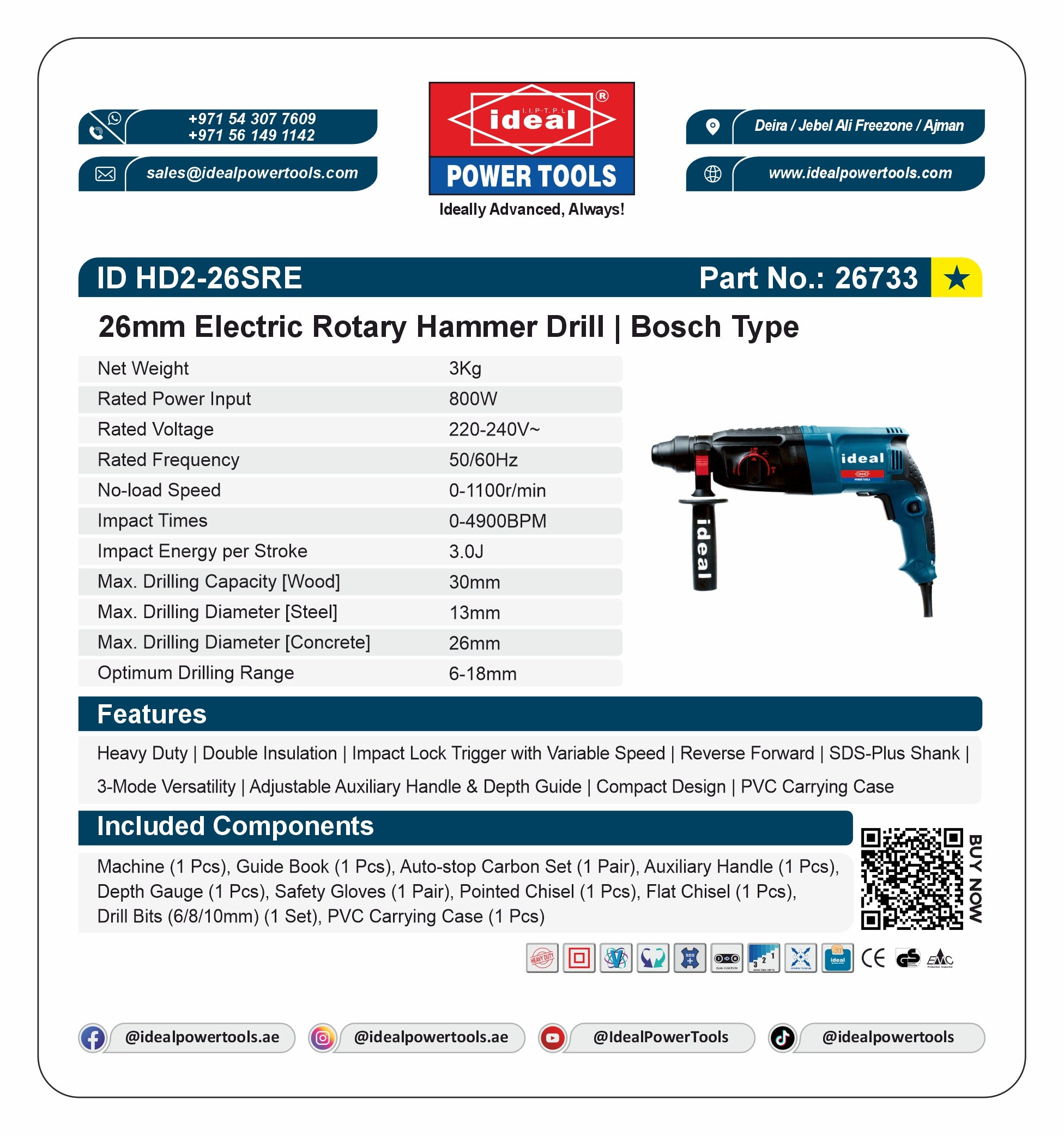 Product label for 26mm Electric Rotary Hammer Drill with Ideal Power Tools branding