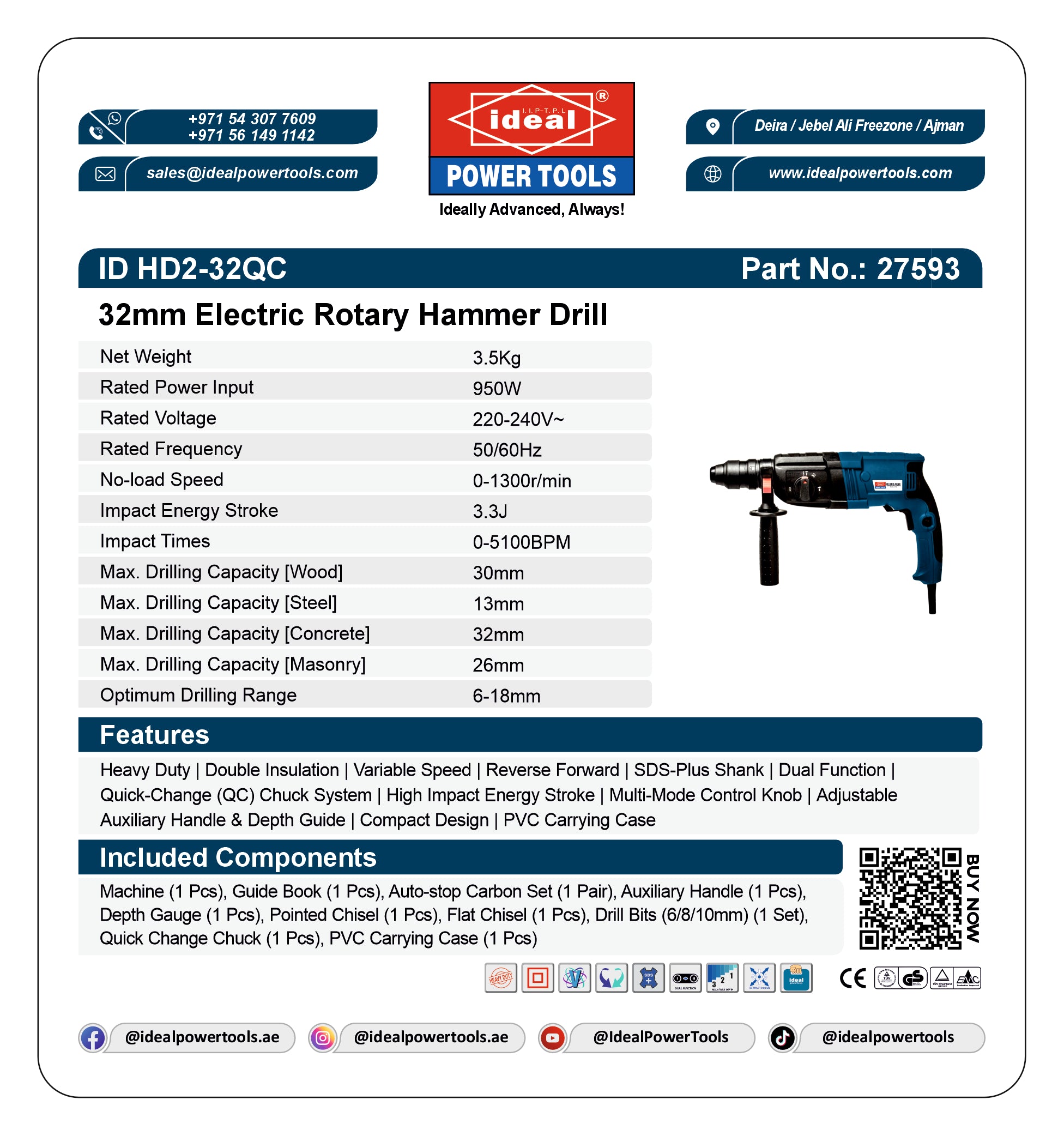 Product label for 32mm Electric Rotary Hammer Drill with specifications and branding details.