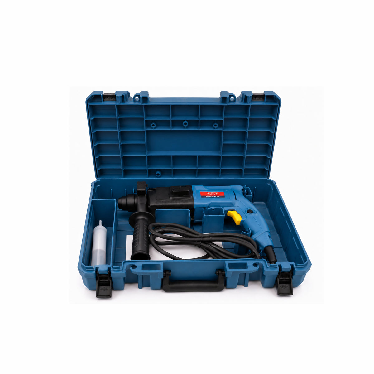 Blue toolbox with ID HDC02-20 drill and accessories on a white background