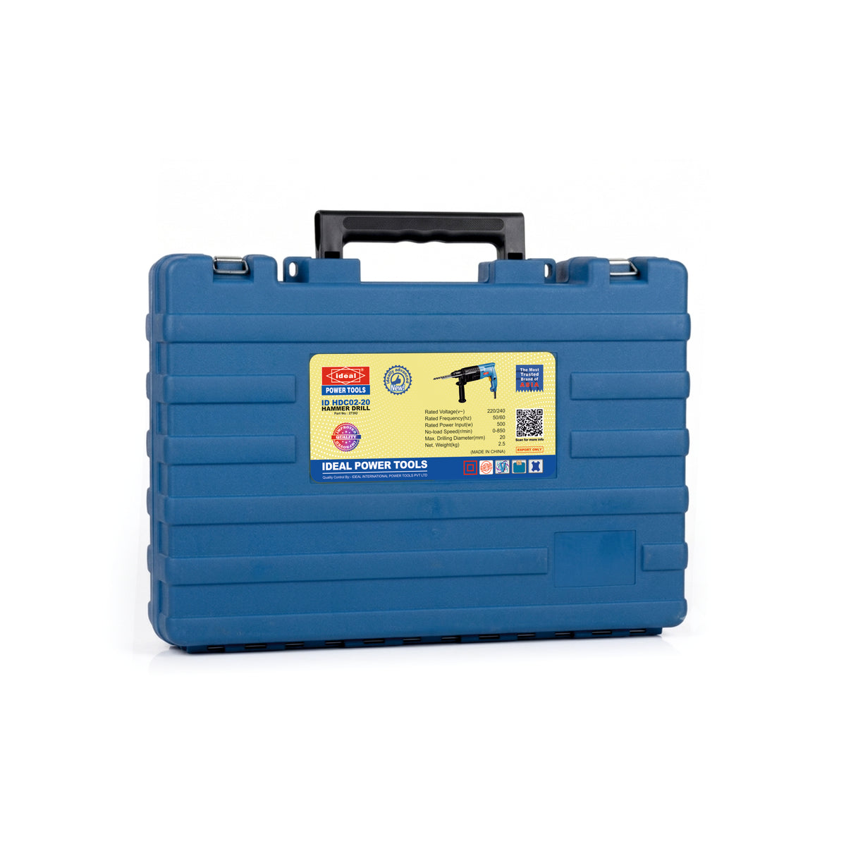 Blue tool case with a label on a white background