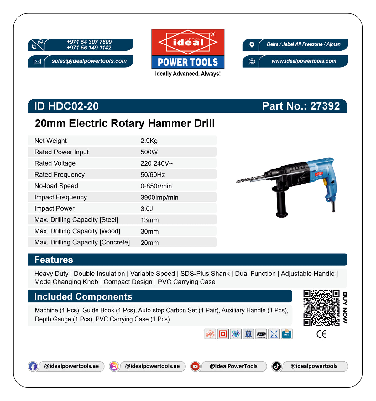 Product label for 20mm Electric Rotary Hammer Drill with specifications and branding details.