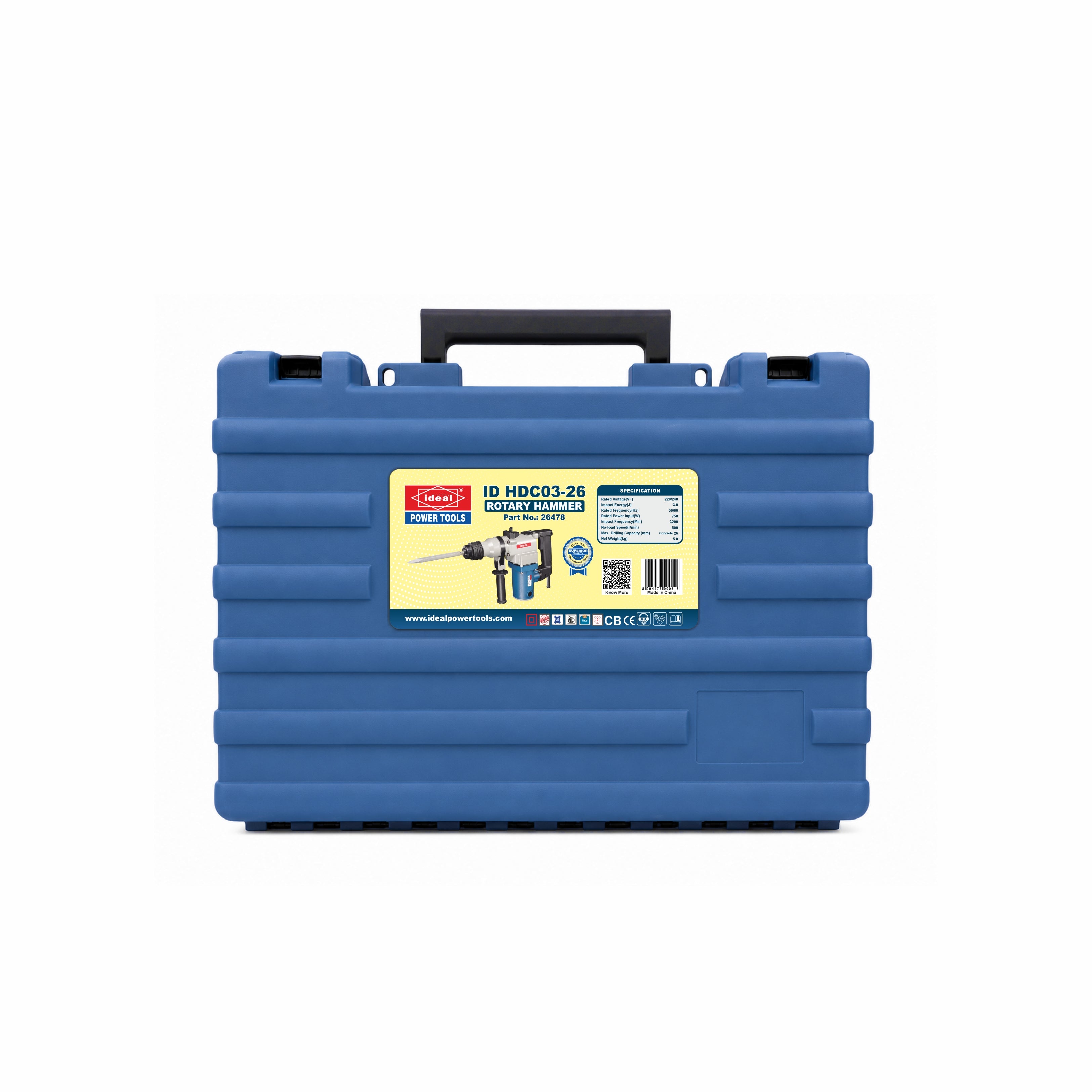 Blue tool case of a rotary hammer ID HDC03-26 with a label on a white background