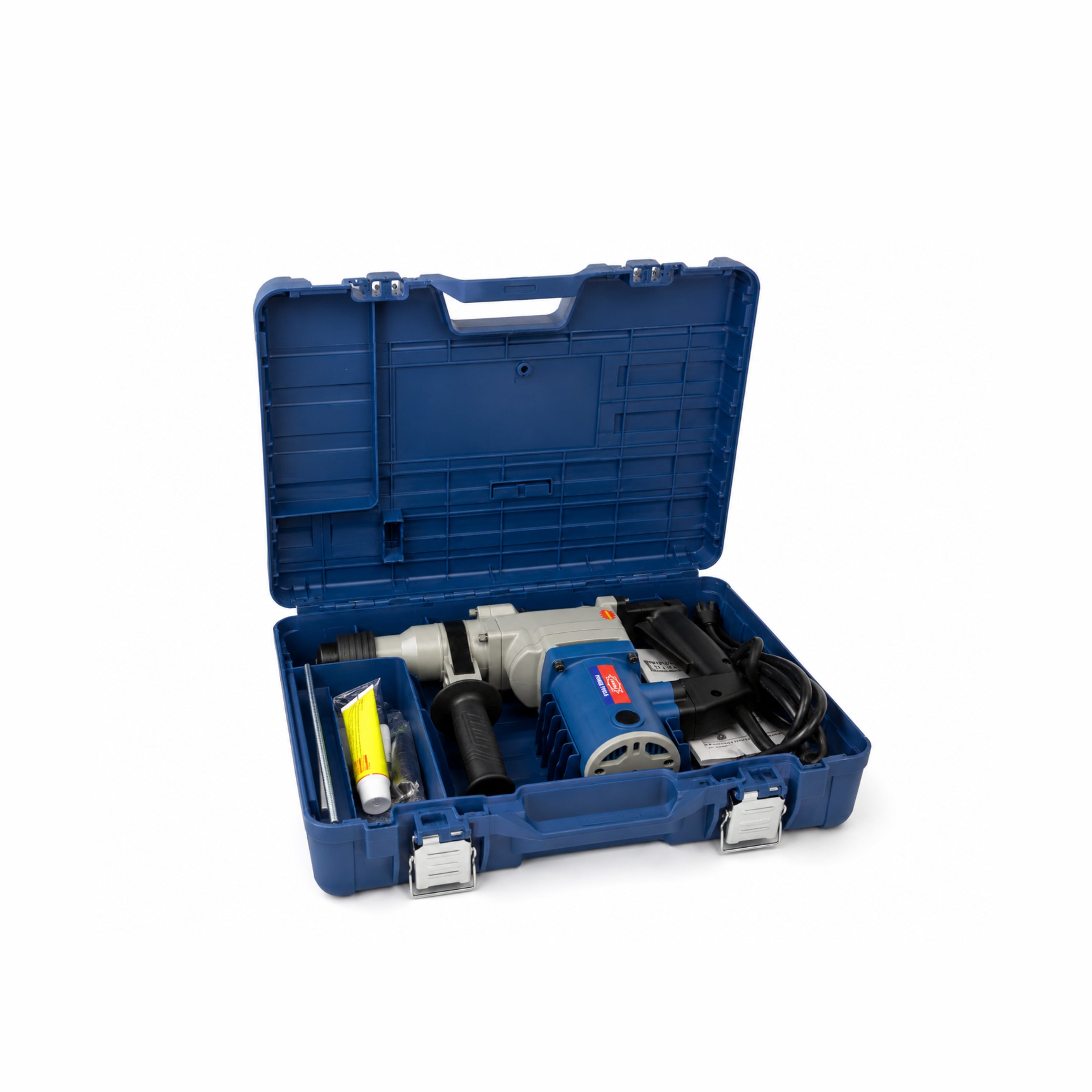 Blue toolbox with rotary hammer ID HDC03-26 on a white background