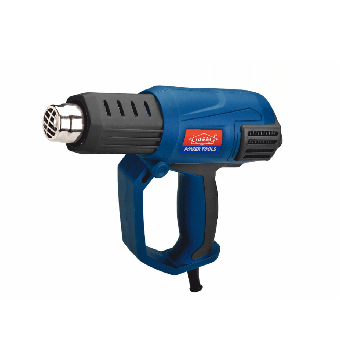 Blue heat gun with black accents on a white background