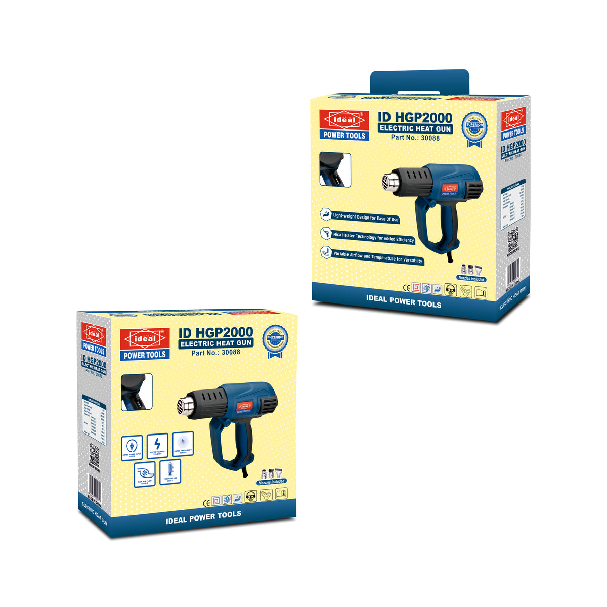 Two boxes of IDEAL Power Tools electric heat gun on a white background