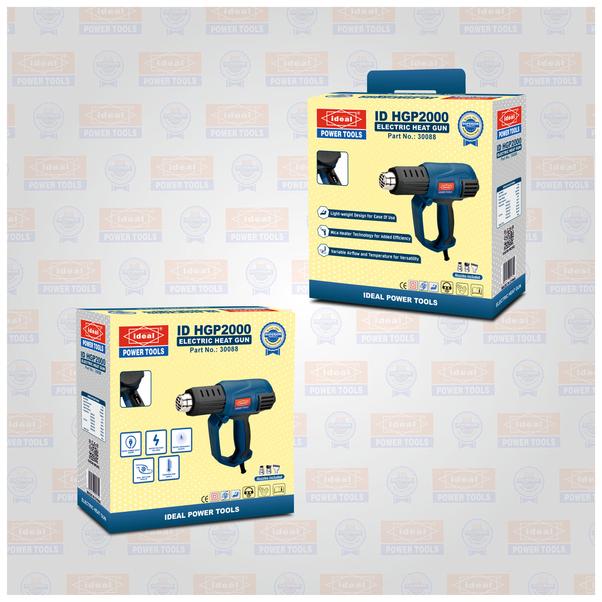 Two boxes of ID HGP2000 electric heat gun on a patterned background