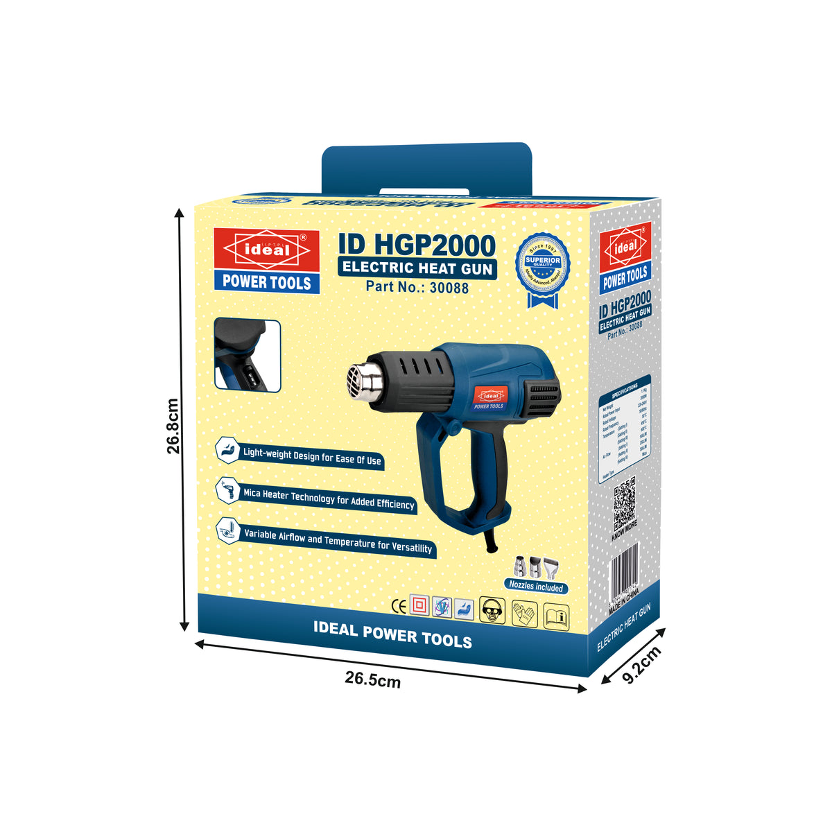 Box of Ideal Power Tools electric heat gun with dimensions on a white background
