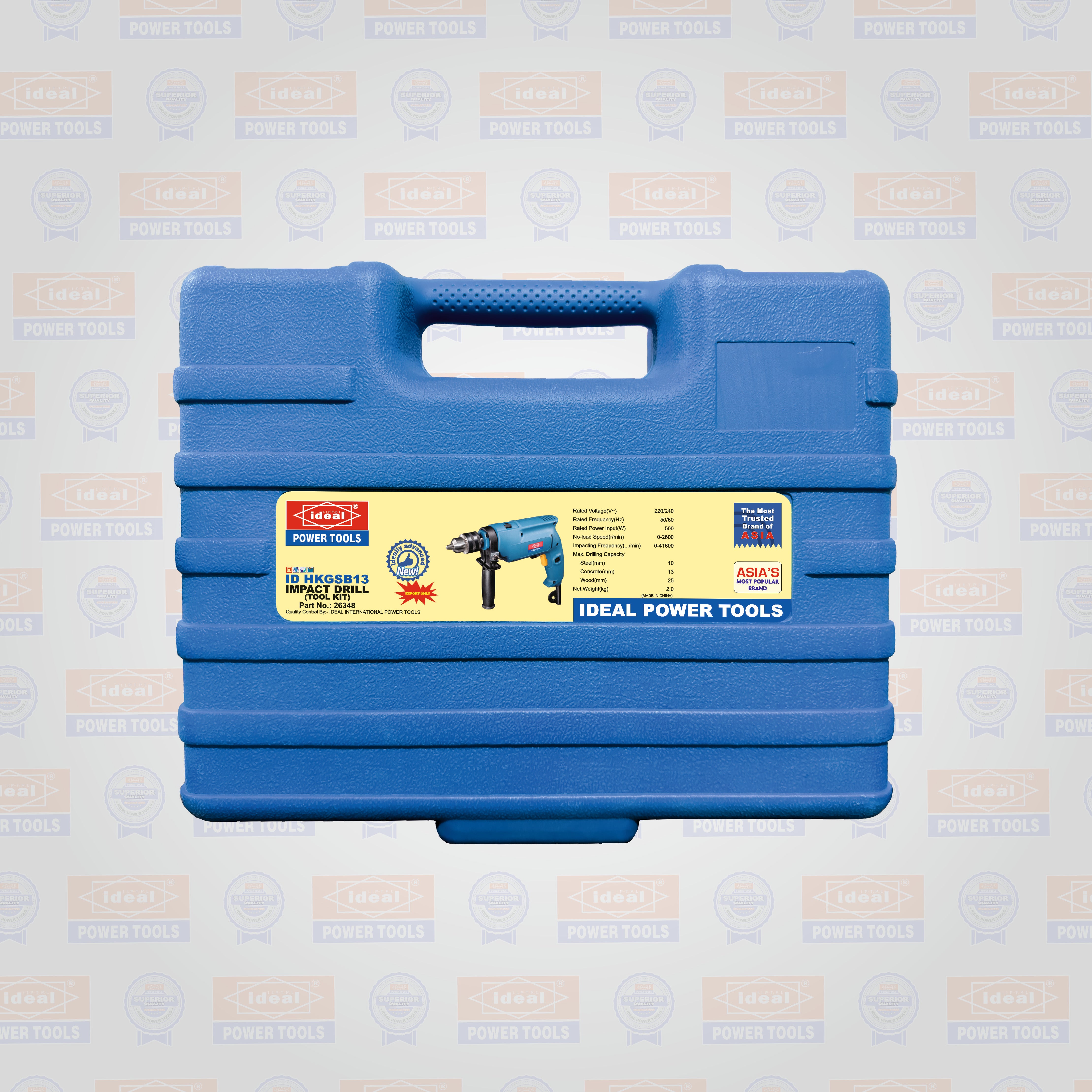 Blue tool case with Ideal Power Tools branding on a branded patterned background