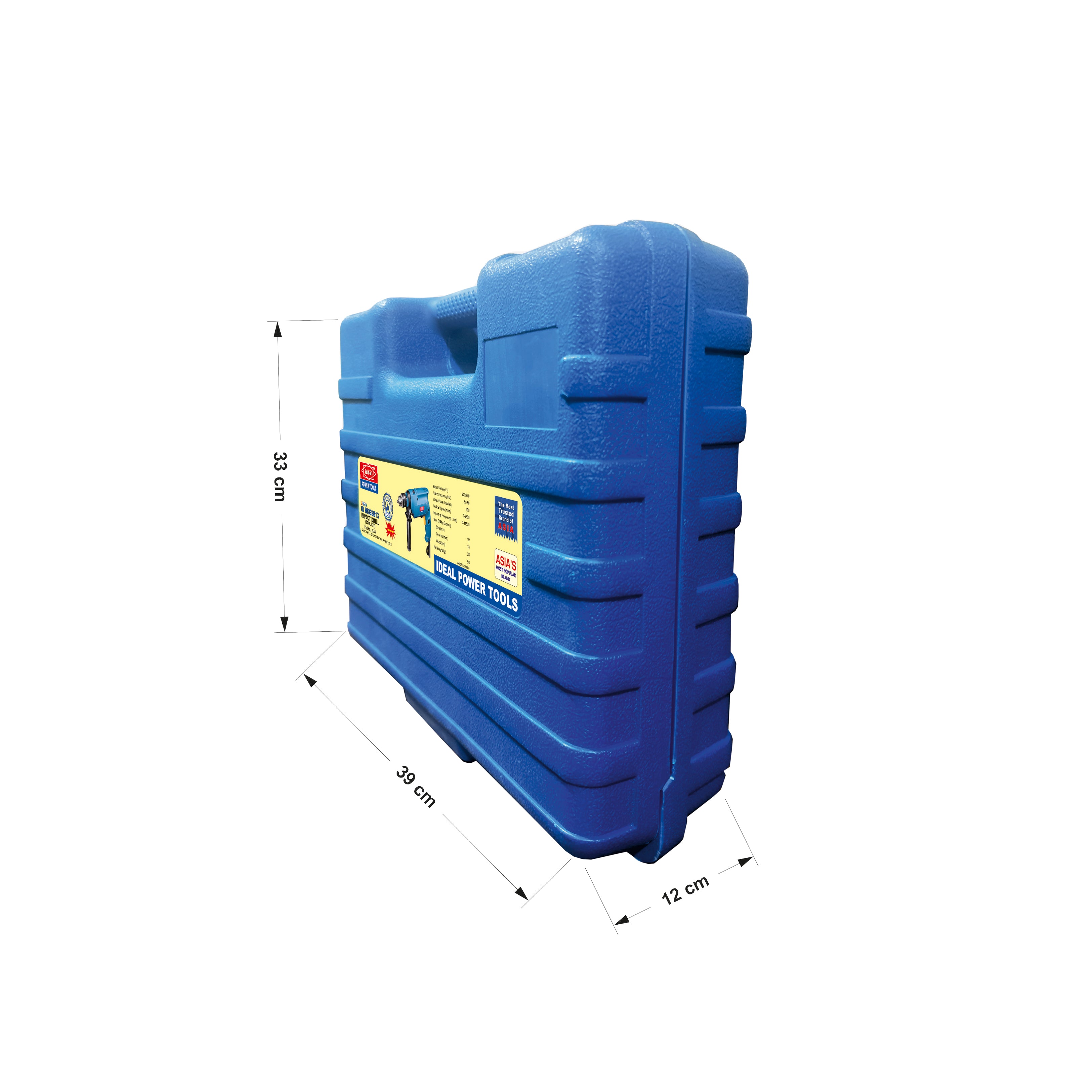 Blue toolbox with dimensions marked on a white background