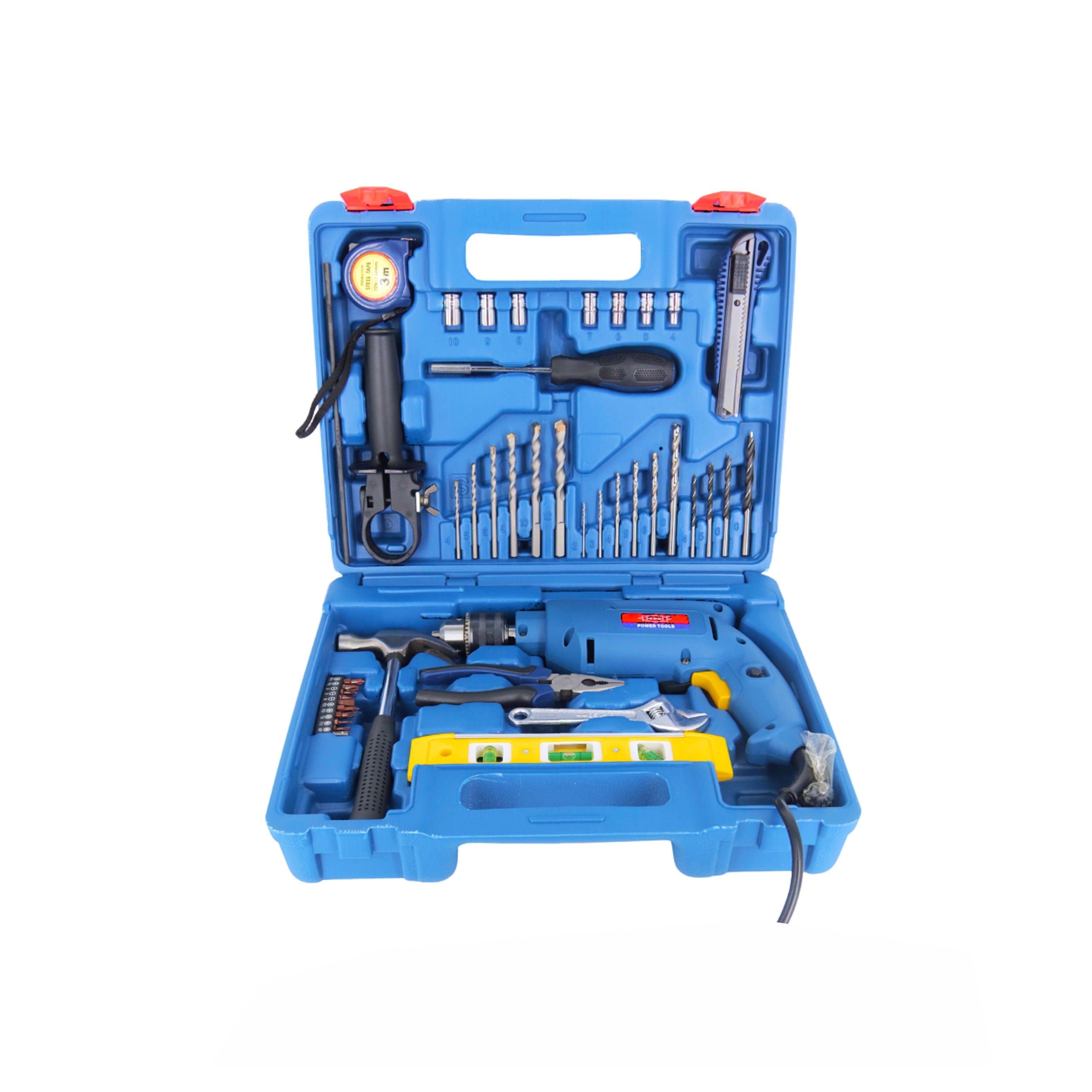 Blue toolbox with various tools on a white background