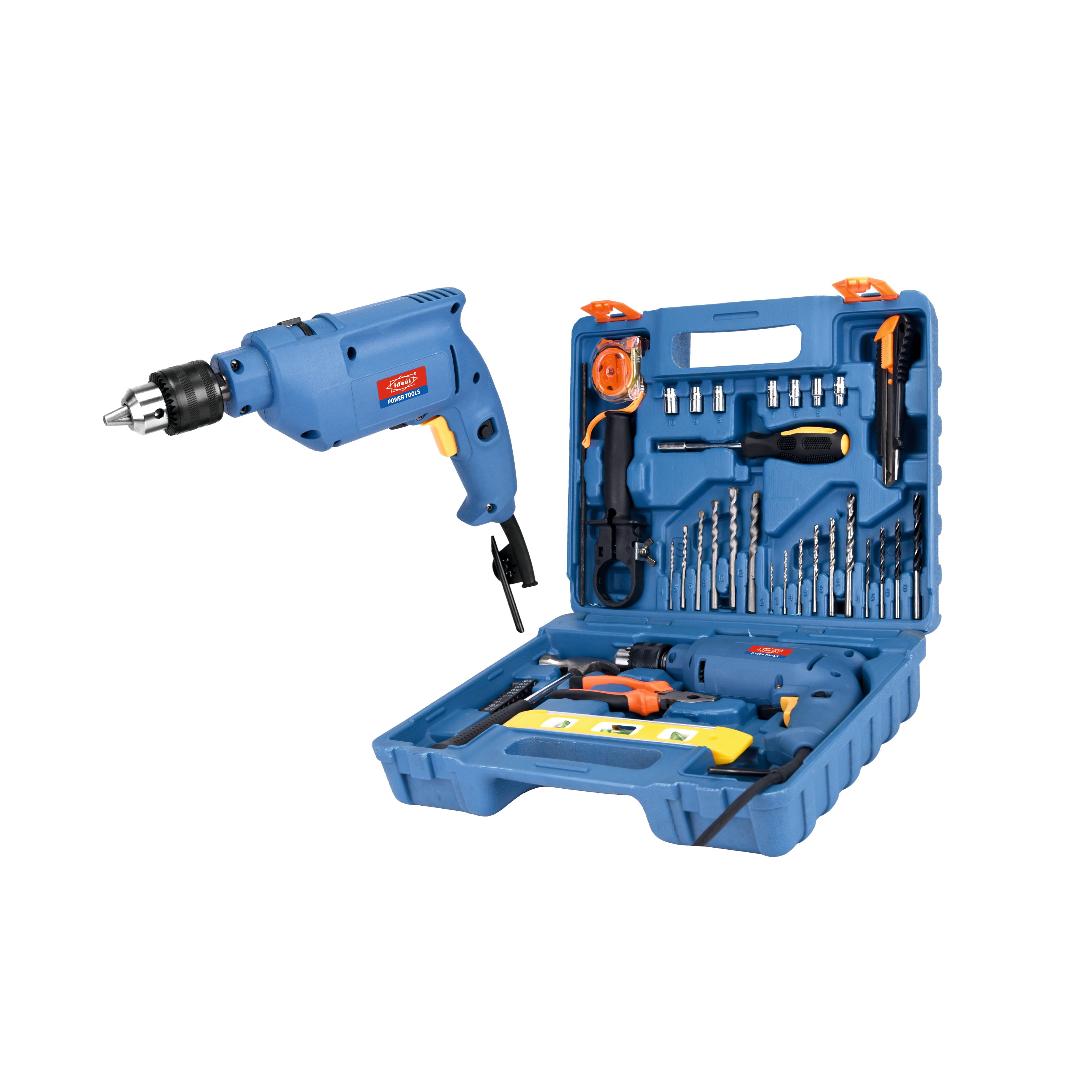 Blue drill and tool set with accessories on a white background