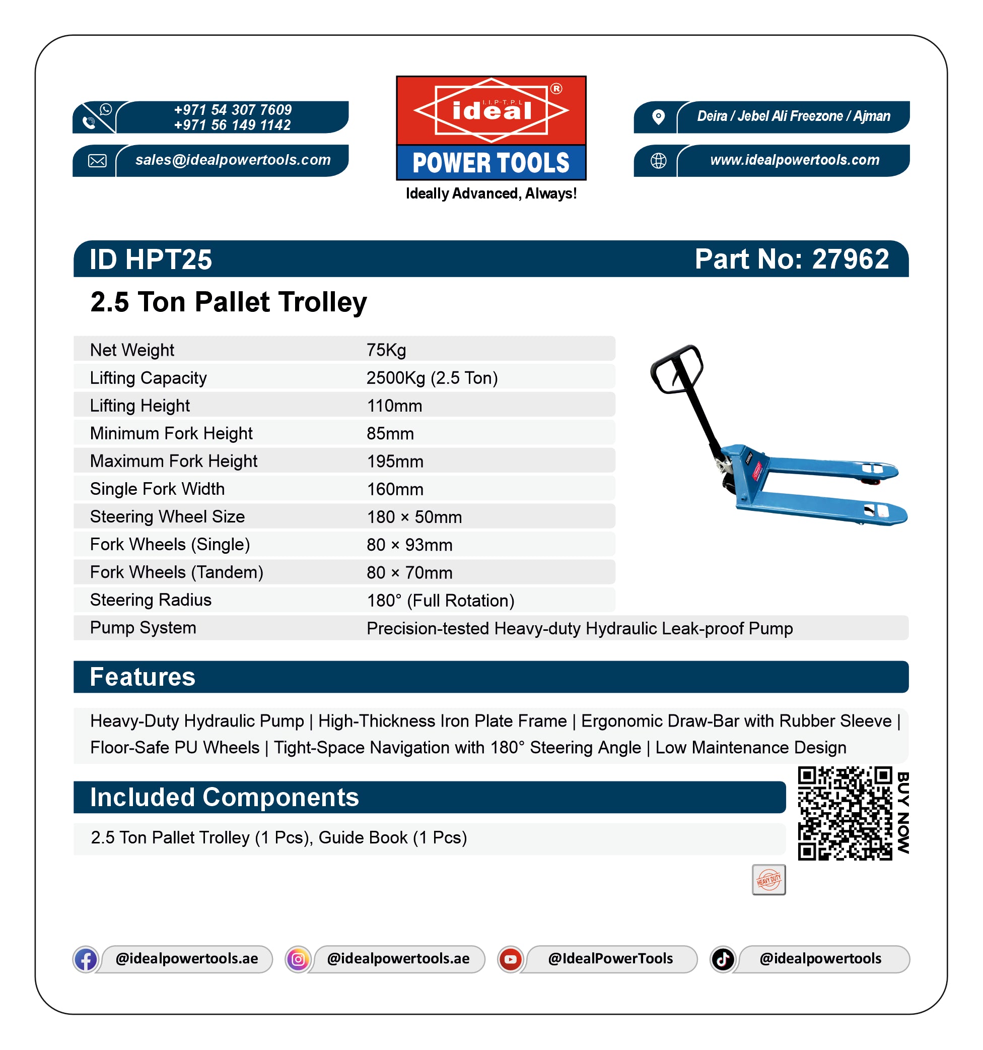 Product label for 2.5 Ton Pallet Trolley with specifications and branding details.