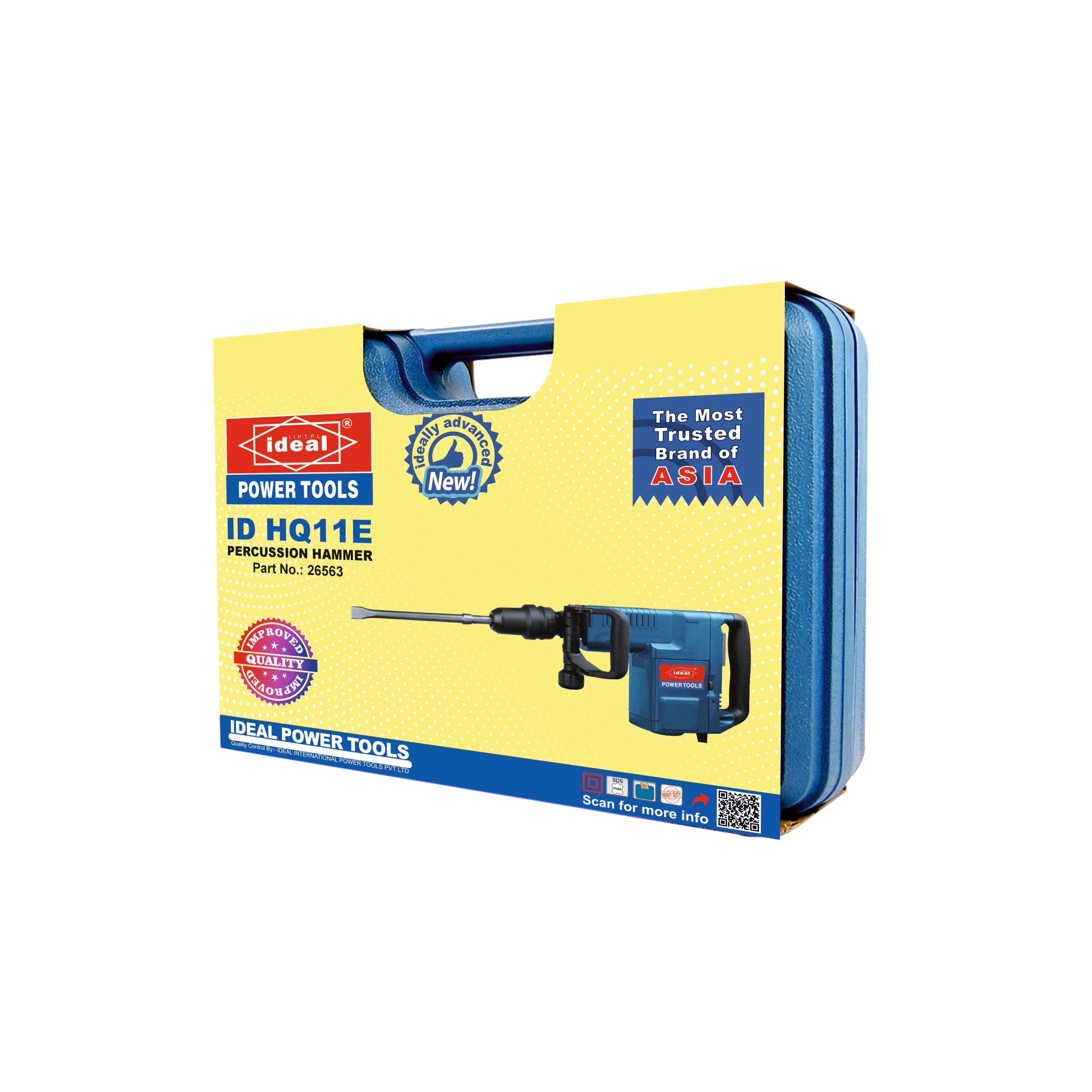 Ideal Power Tools ID HQ11E Percussion Hammer in its original yellow and blue carrying case, shown on a plain white background.