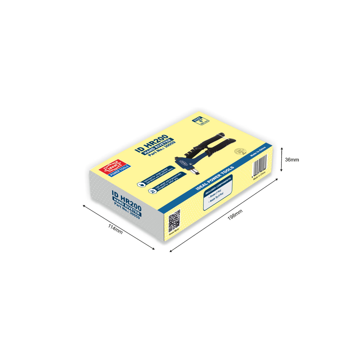 Box of Hand Riveter with dimensions on a white background