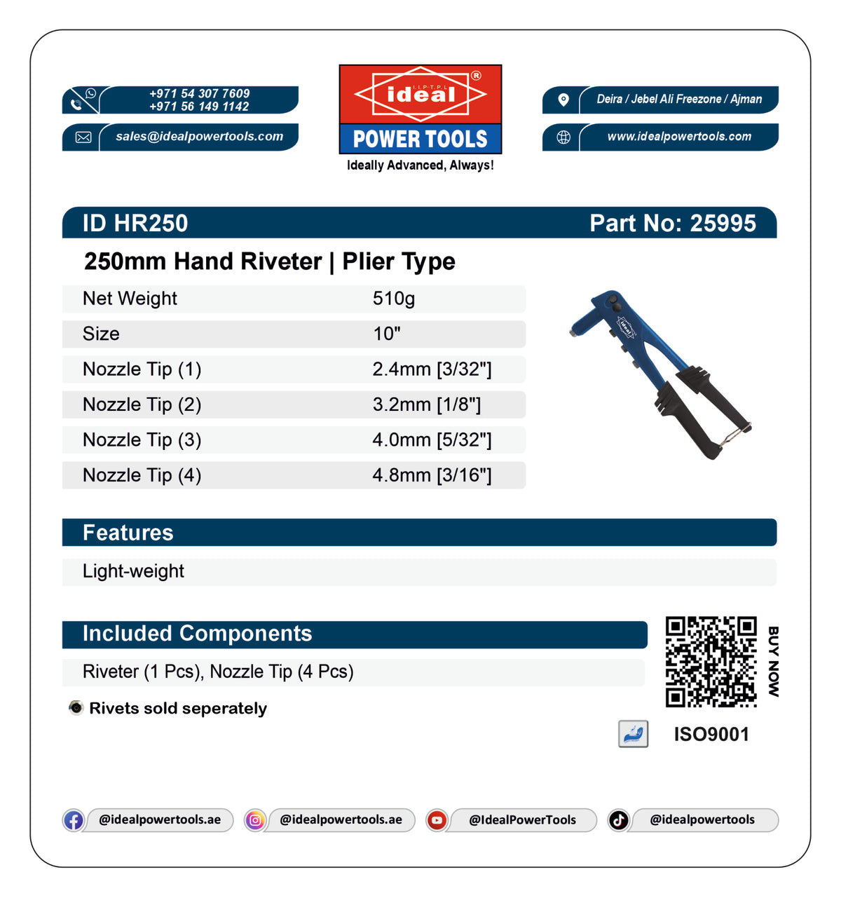 Product label for 250mm Hand Riveter with specifications and branding details.