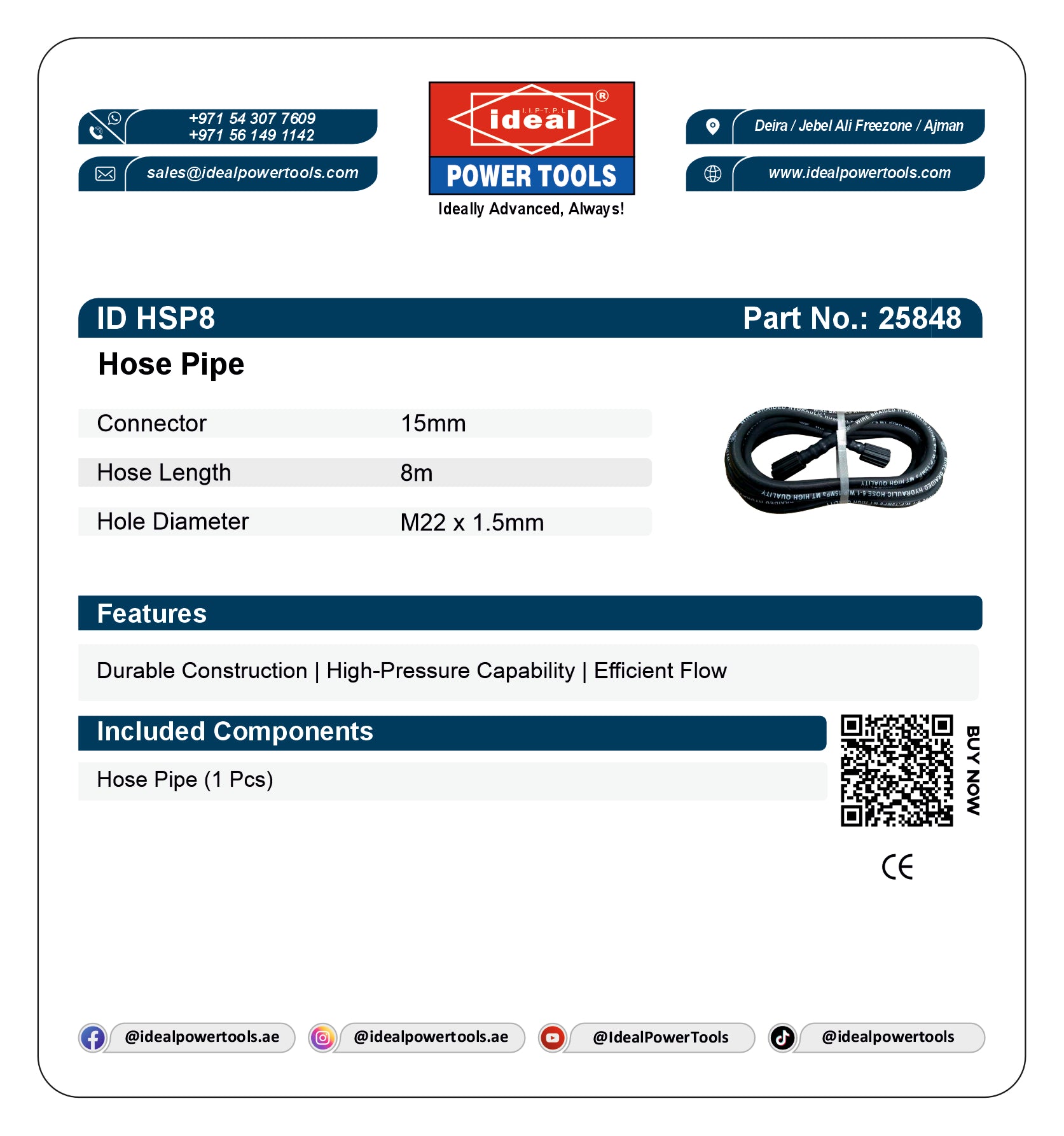 Product label for Ideal Power Tools hose pipe ID HSP8 with specifications and branding.