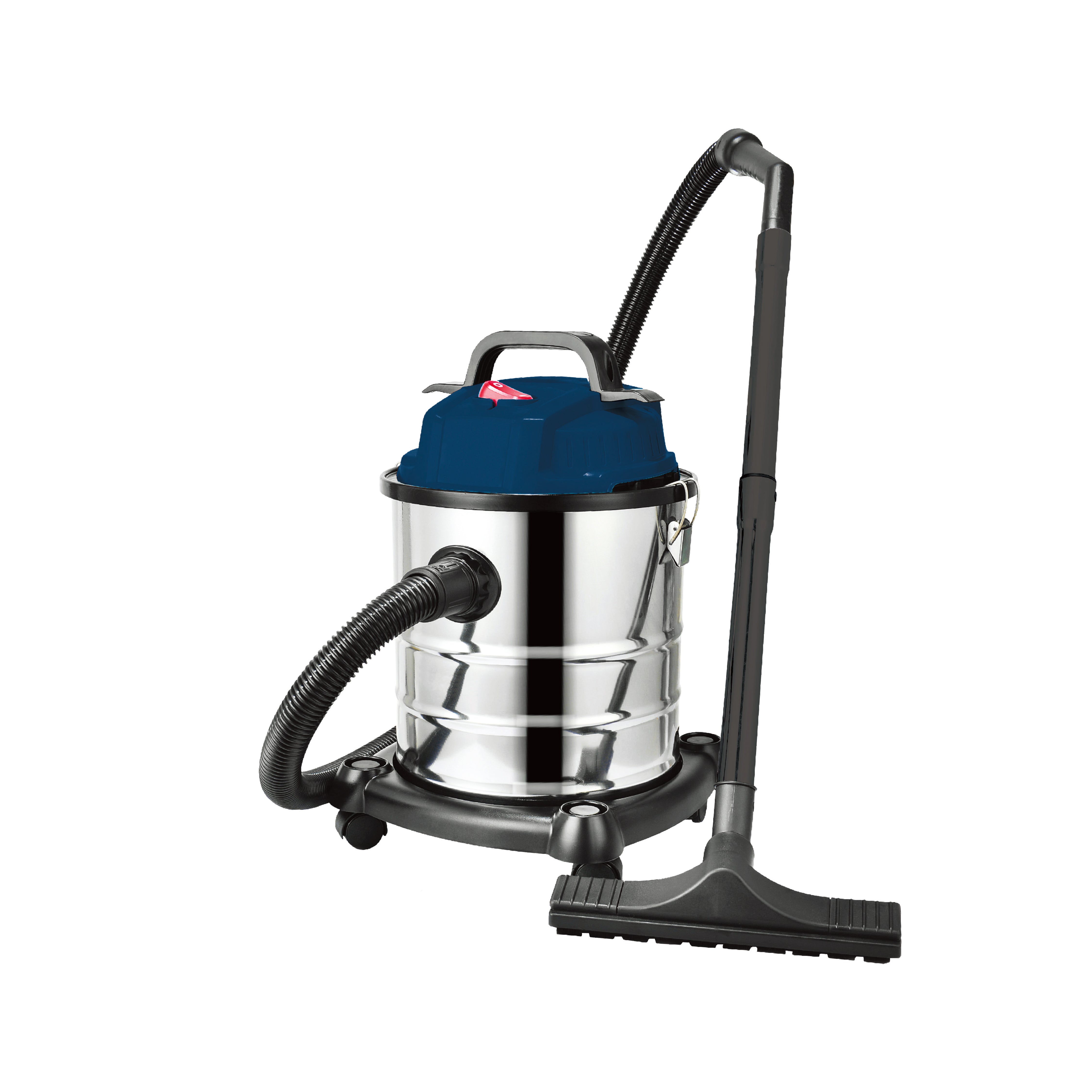 Vacuum cleaner with blue top and black handle on a white background