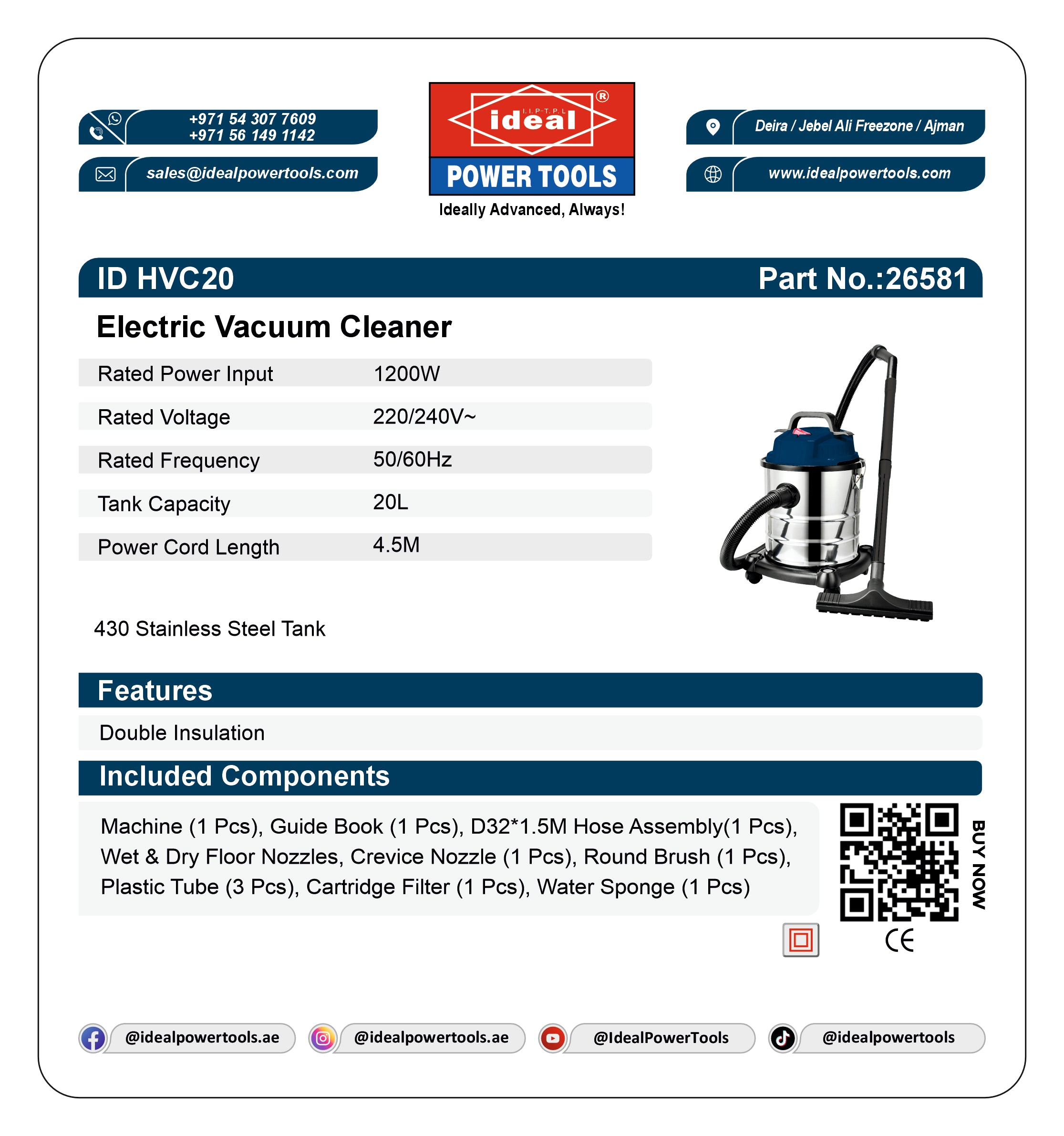 Product label for Ideal Electric Vacuum Cleaner ID HVC20 with specifications and features.