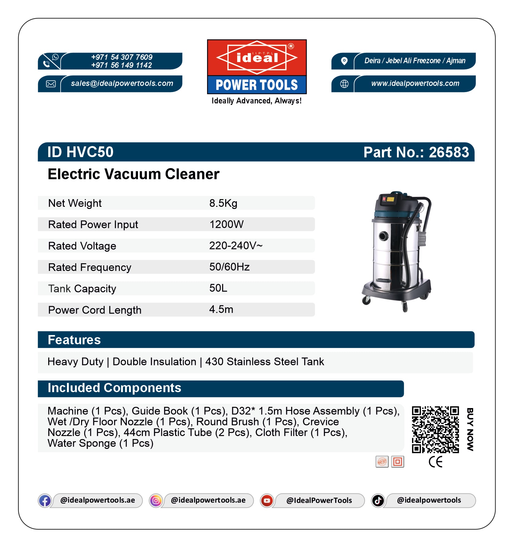 Product label for Ideal Electric Vacuum Cleaner ID HVC50 with specifications and features.