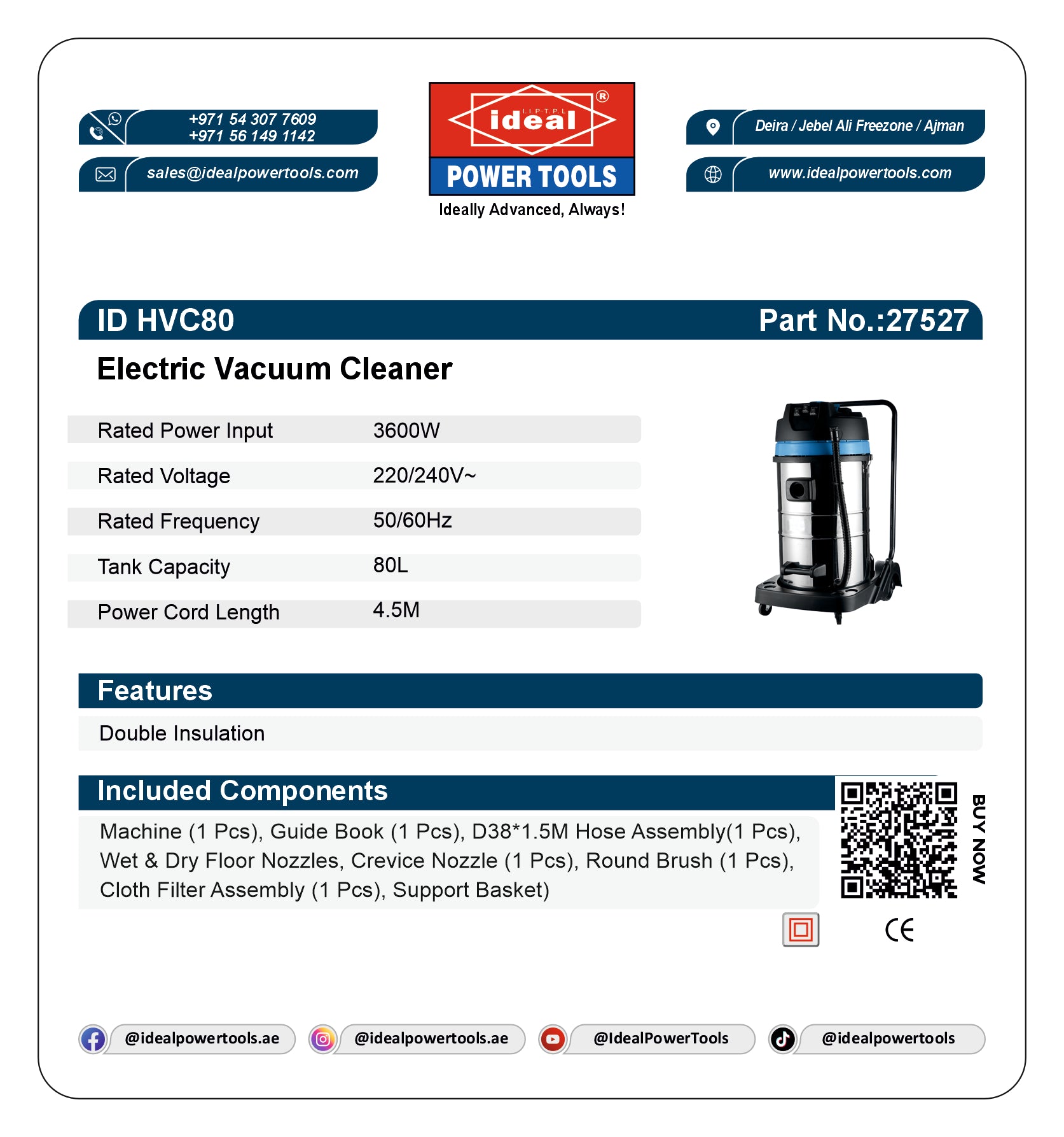 Product card for Electric Vacuum Cleaner (ID HVC80) with specifications and features.