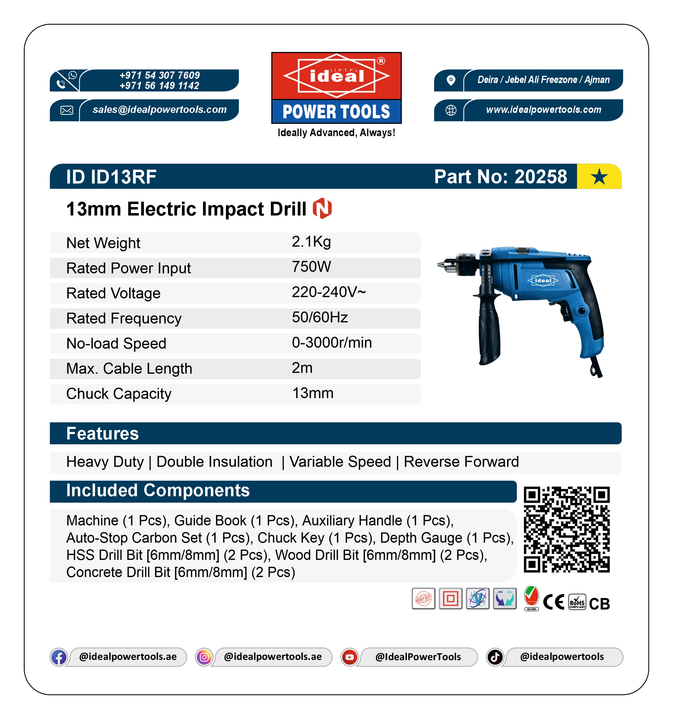 ID ID13RF - 13MM ELECTRIC IMPACT DRILL MACHINE