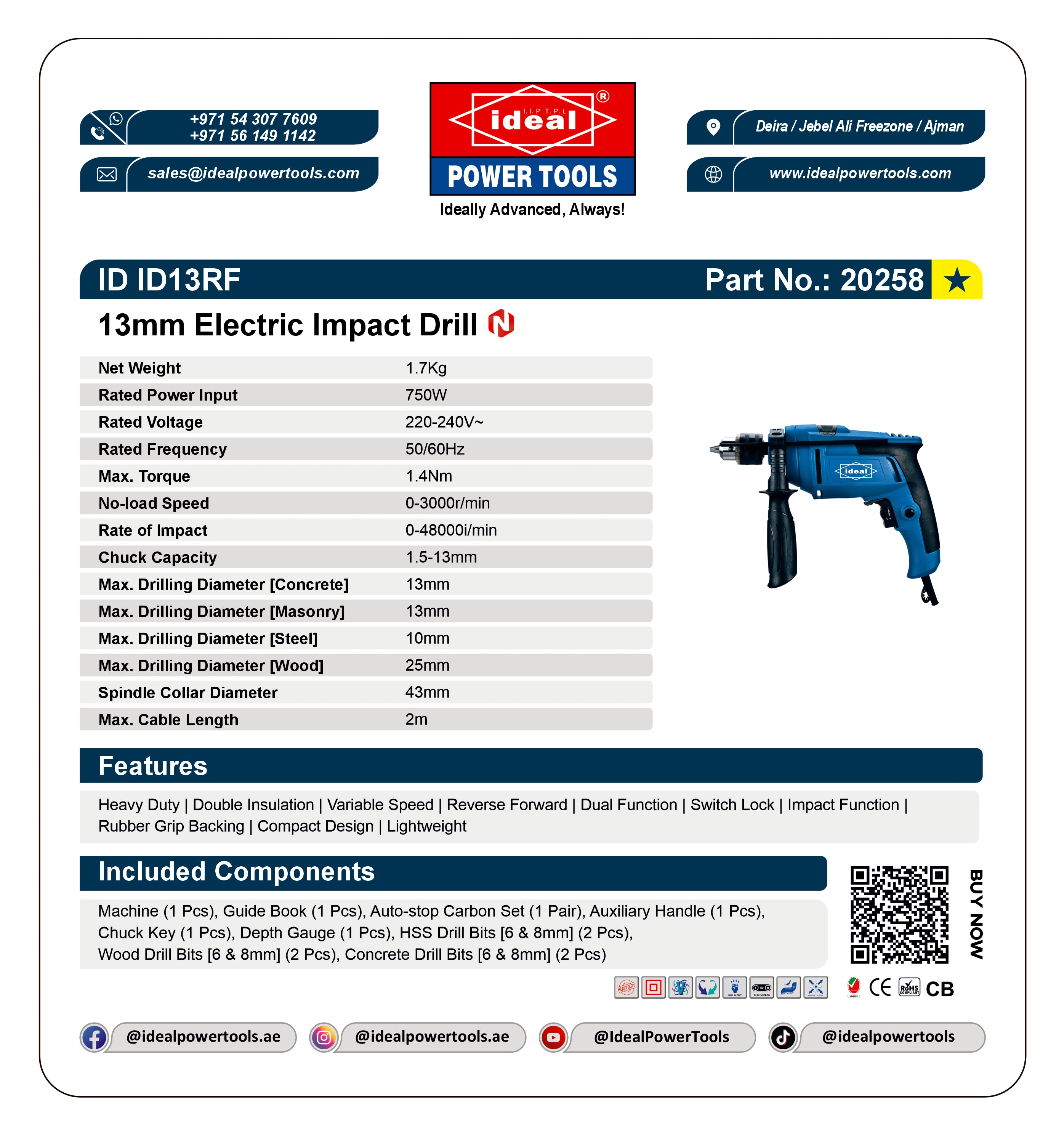 Product card for 13mm Electric Impact Drill with specifications and branding details.