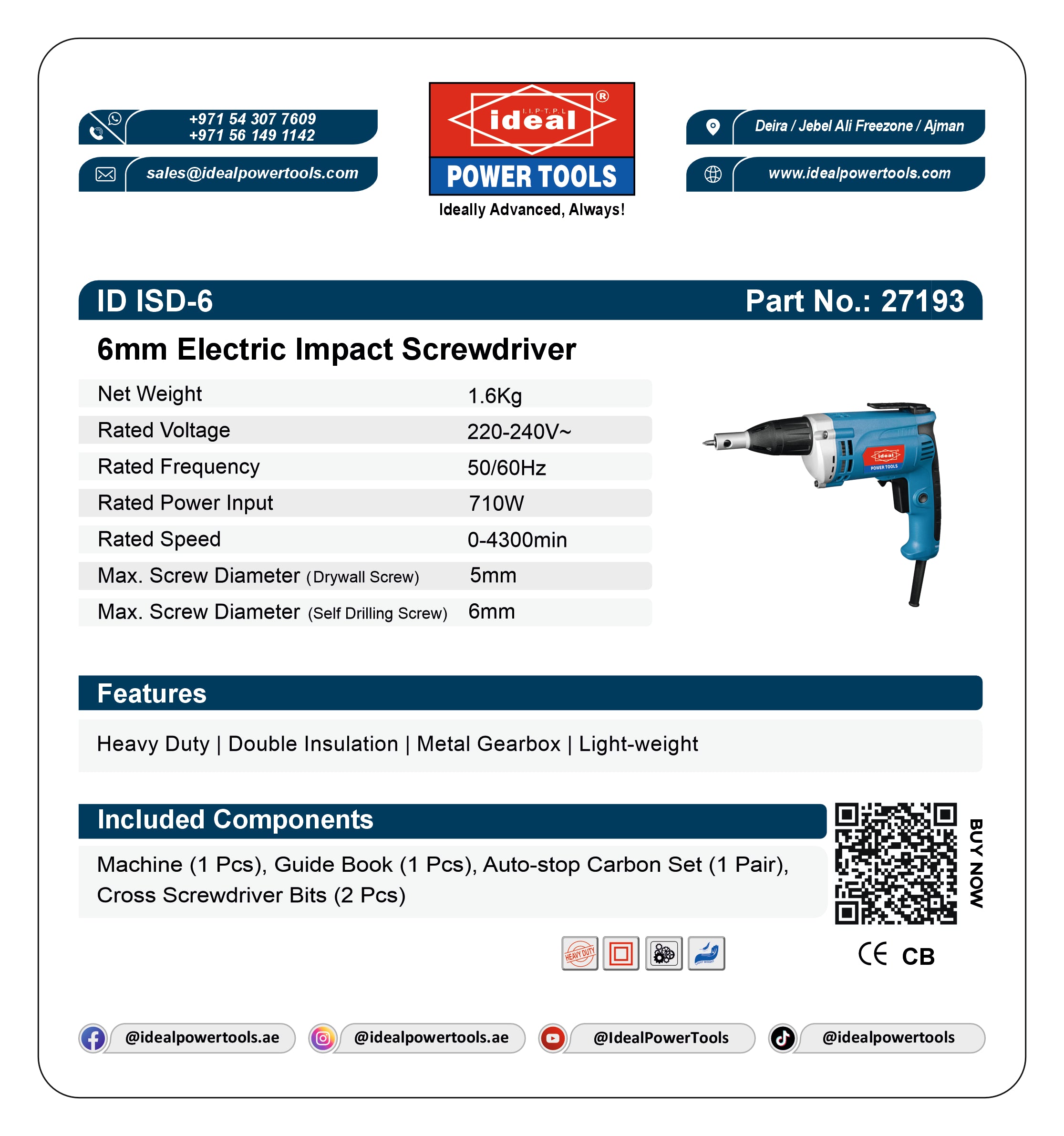 Product label for 6mm Electric Impact Screwdriver with specifications and branding details.