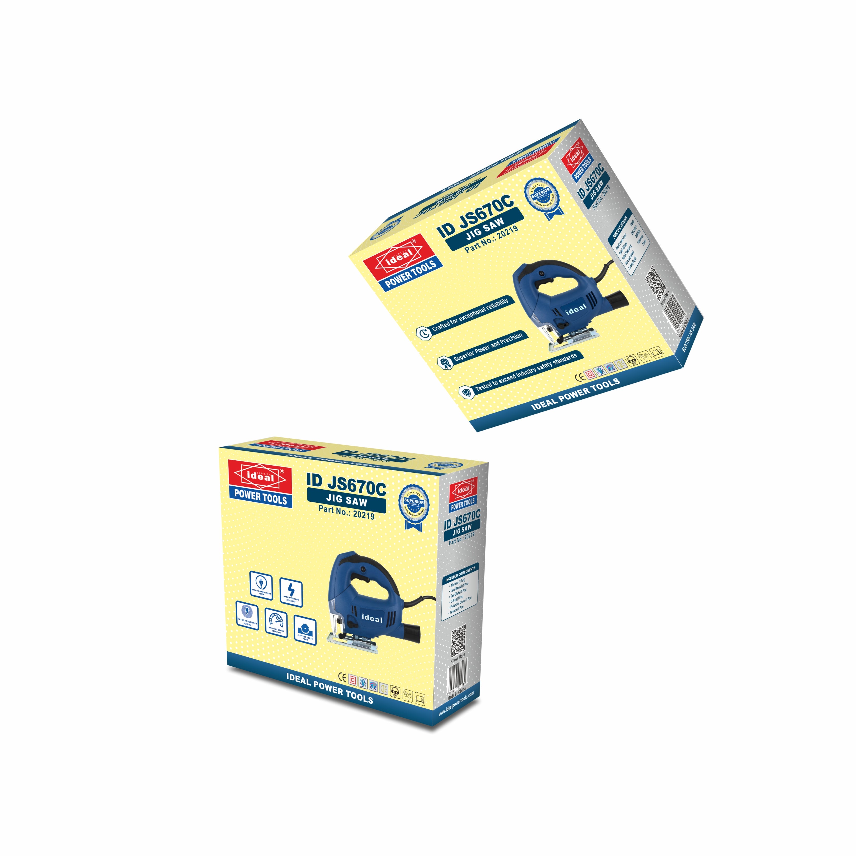 Two boxes of ideal power tools jigsaw ID JS670C on a white background