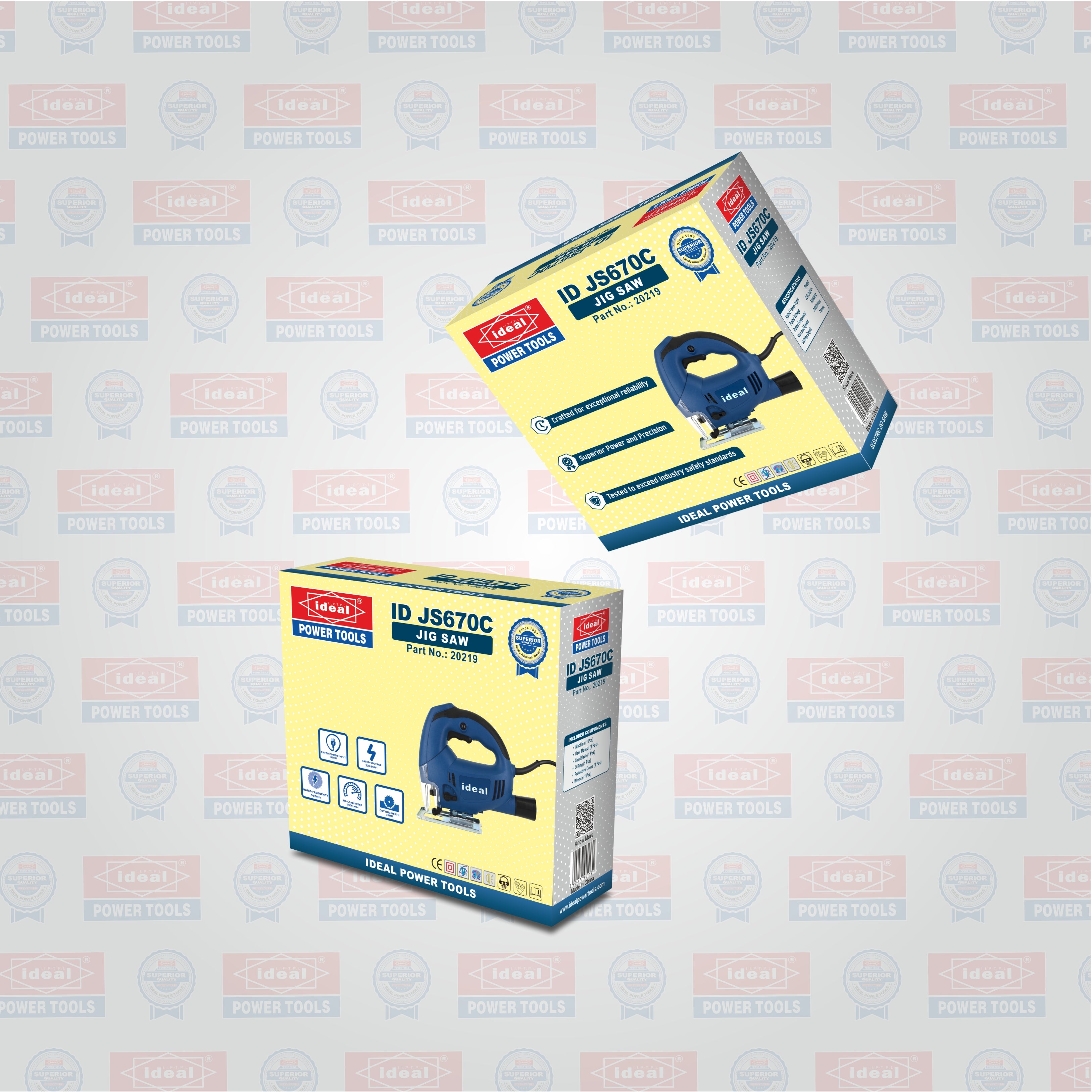 Two boxes of jig saw ID JS670C on a light gray background with brand logos.