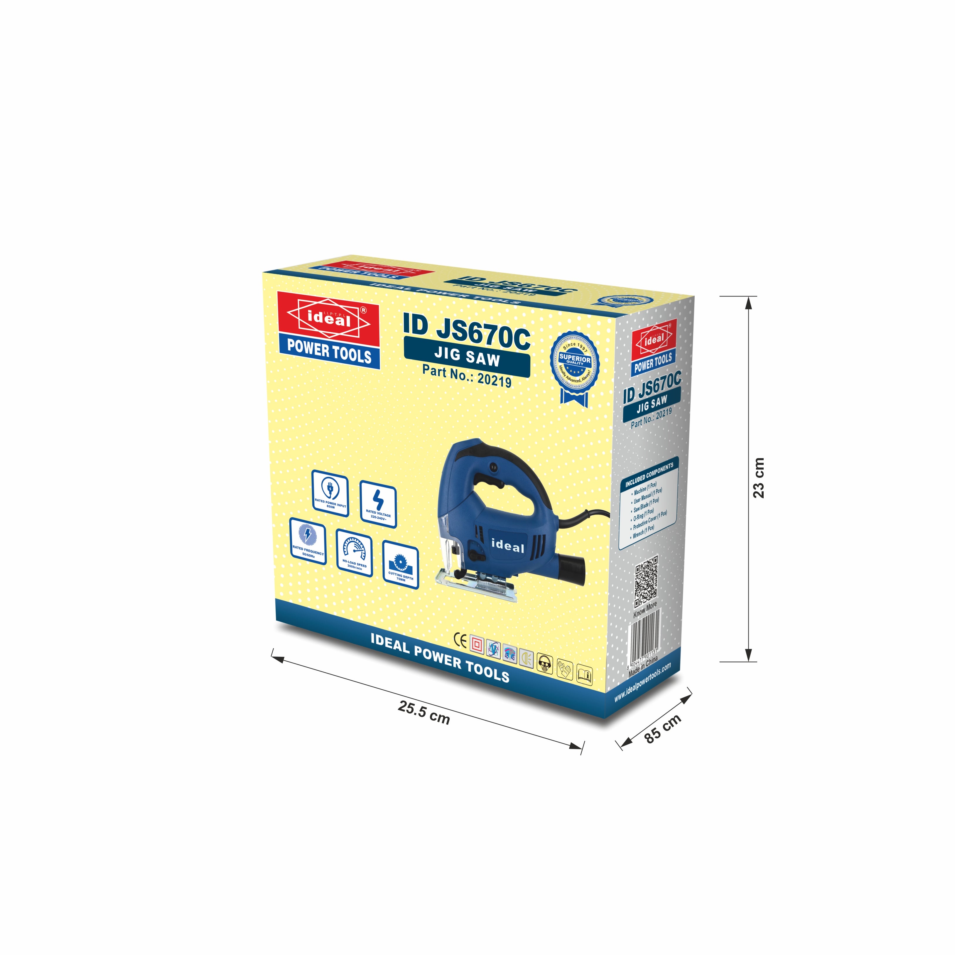 Box of Ideal Power Tools Jig Saw ID JS670C with dimensions on a white background