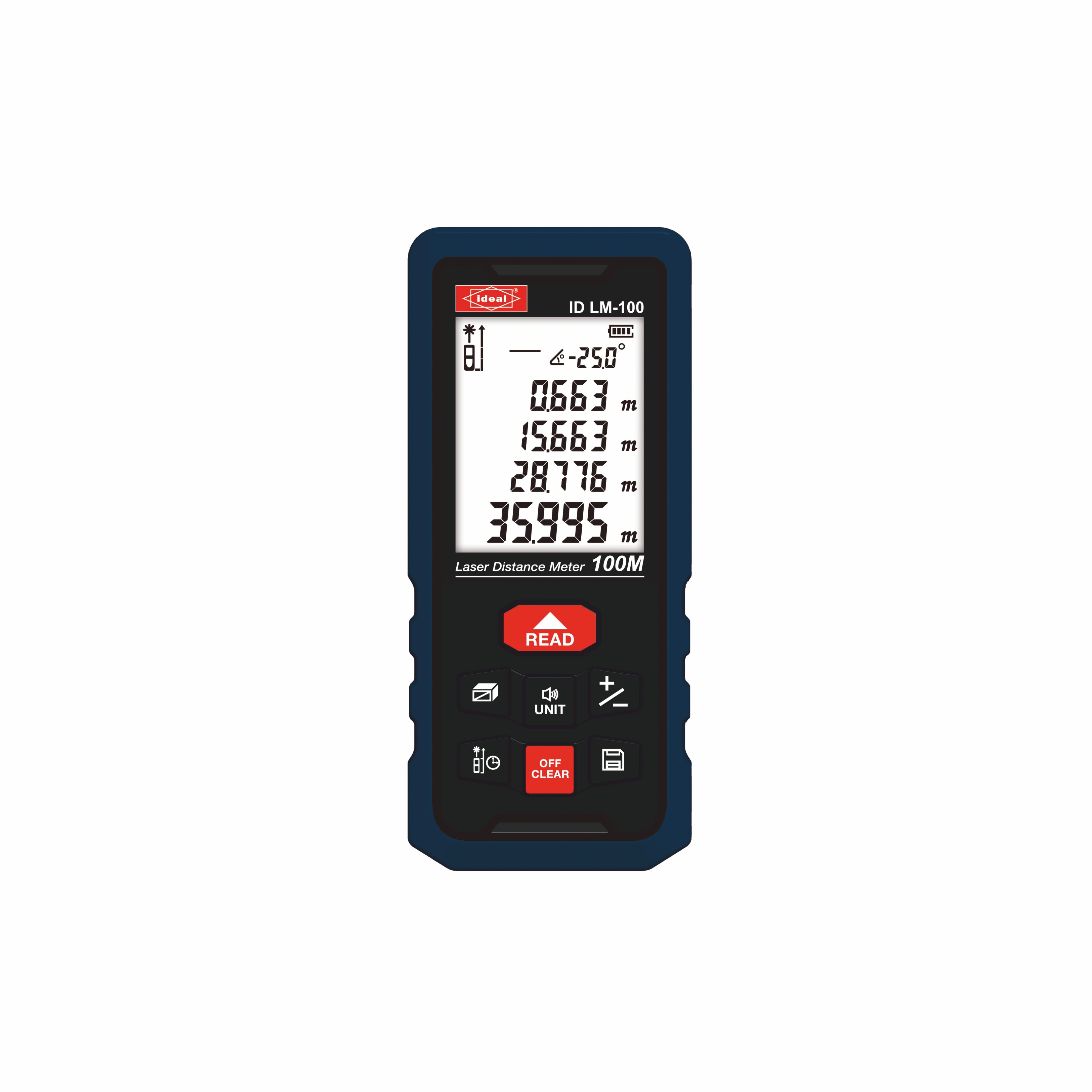 Laser distance meter ID LM-100 on a white background