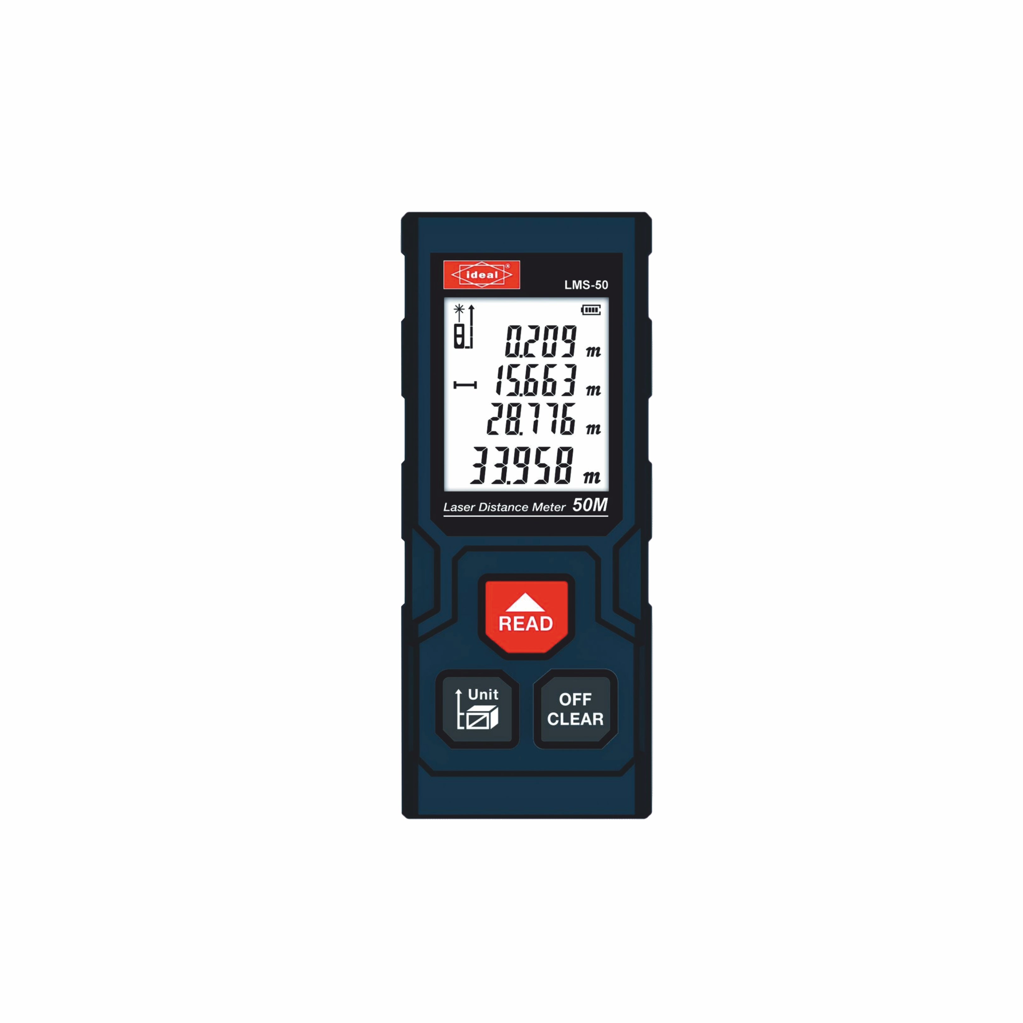 Laser distance meter ID LMS-50 with digital display on a white background