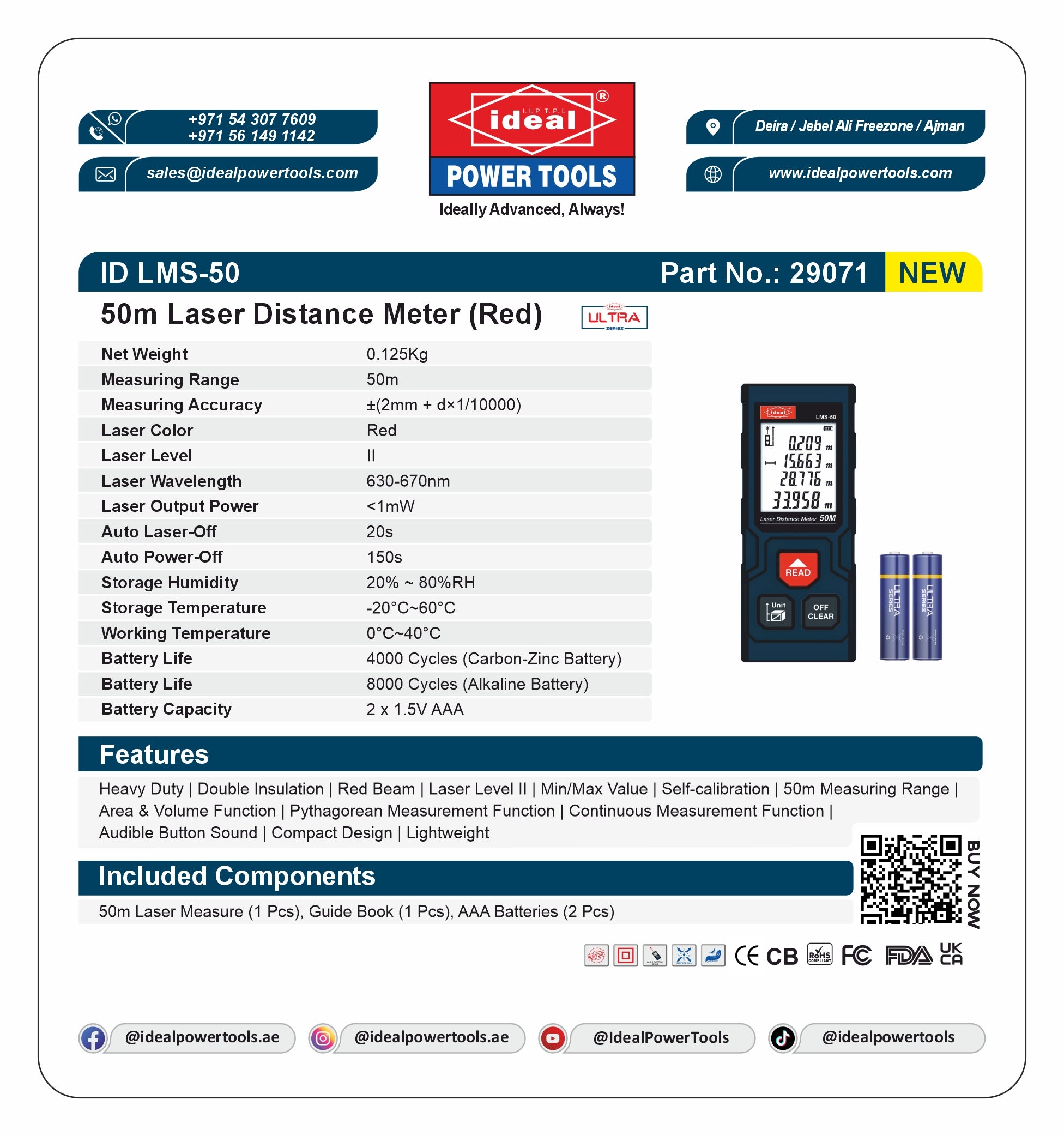 Ideal Power Tools 50m Laser Distance Meter product card with specifications and features.
