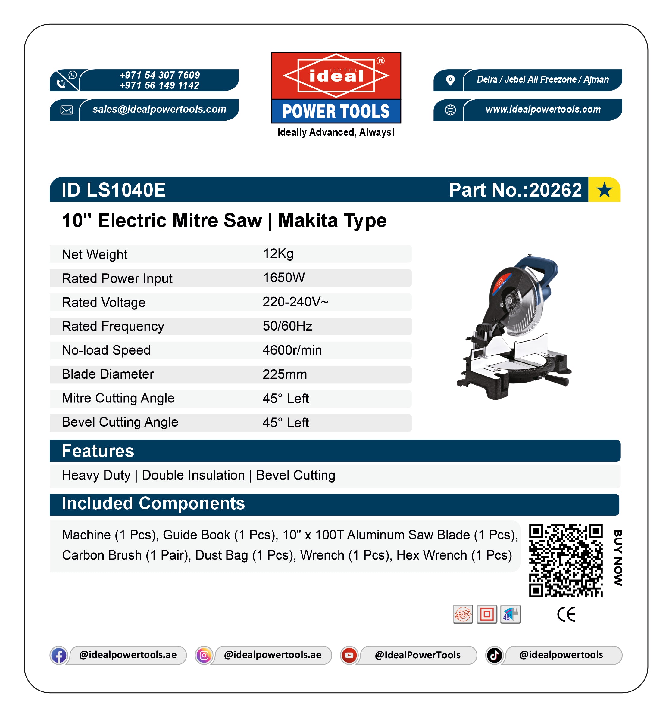Product label for a 10" Electric Mitre Saw with specifications and branding details.