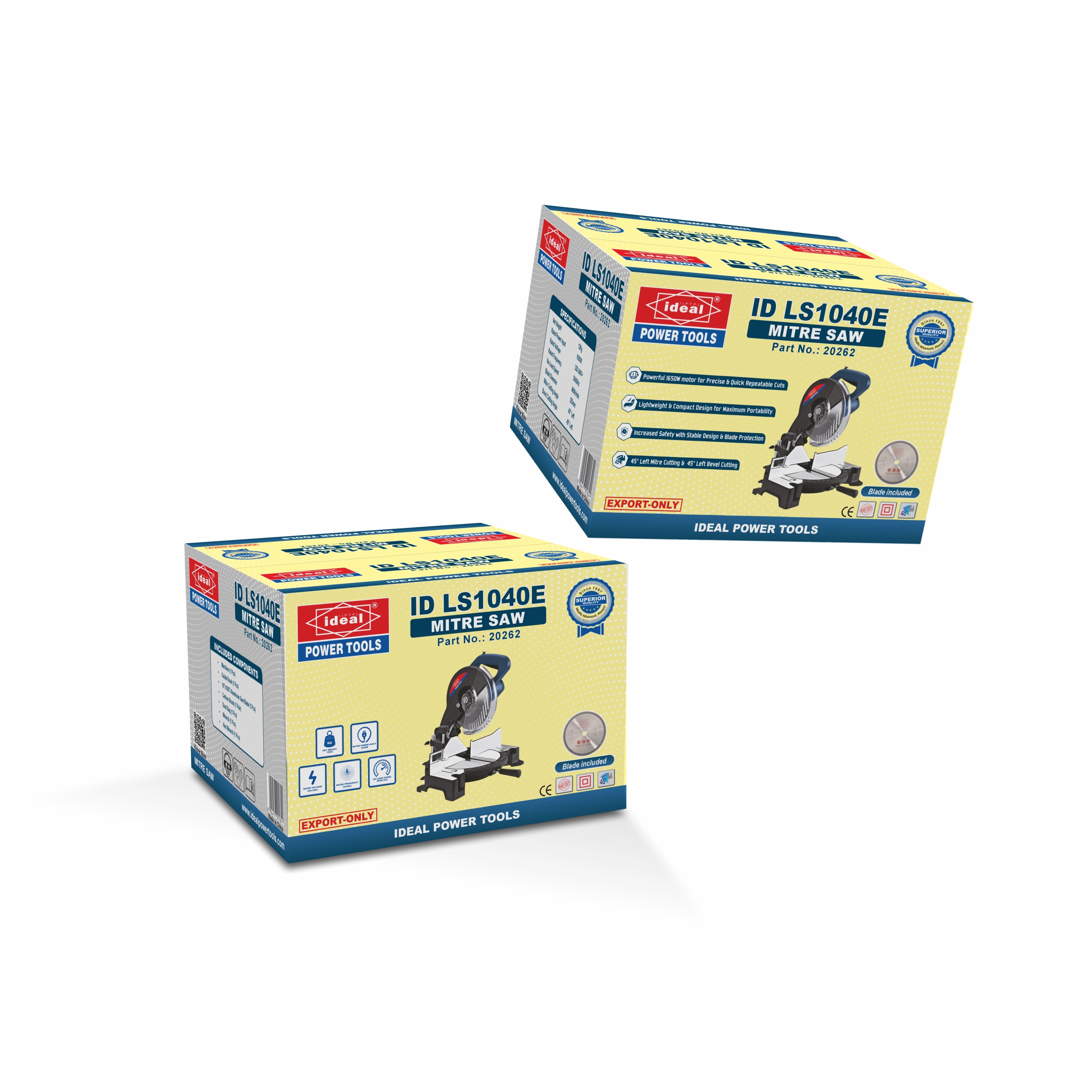 Two boxes of Ideal Power Tools mitre saw ID LS1040E on a white background
