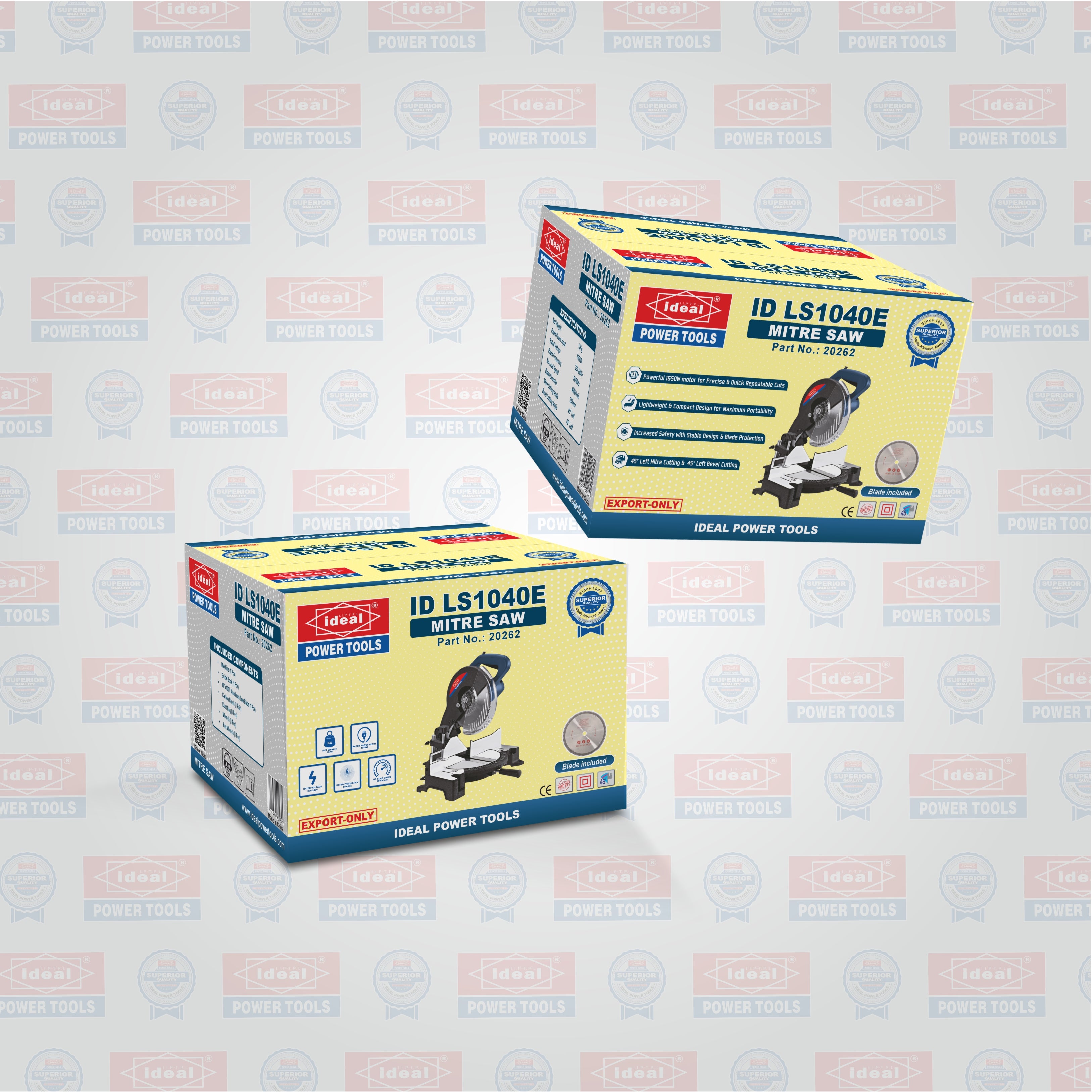 Two boxes of Ideal Power Tools mitre saw ID LS1040E on a patterned background