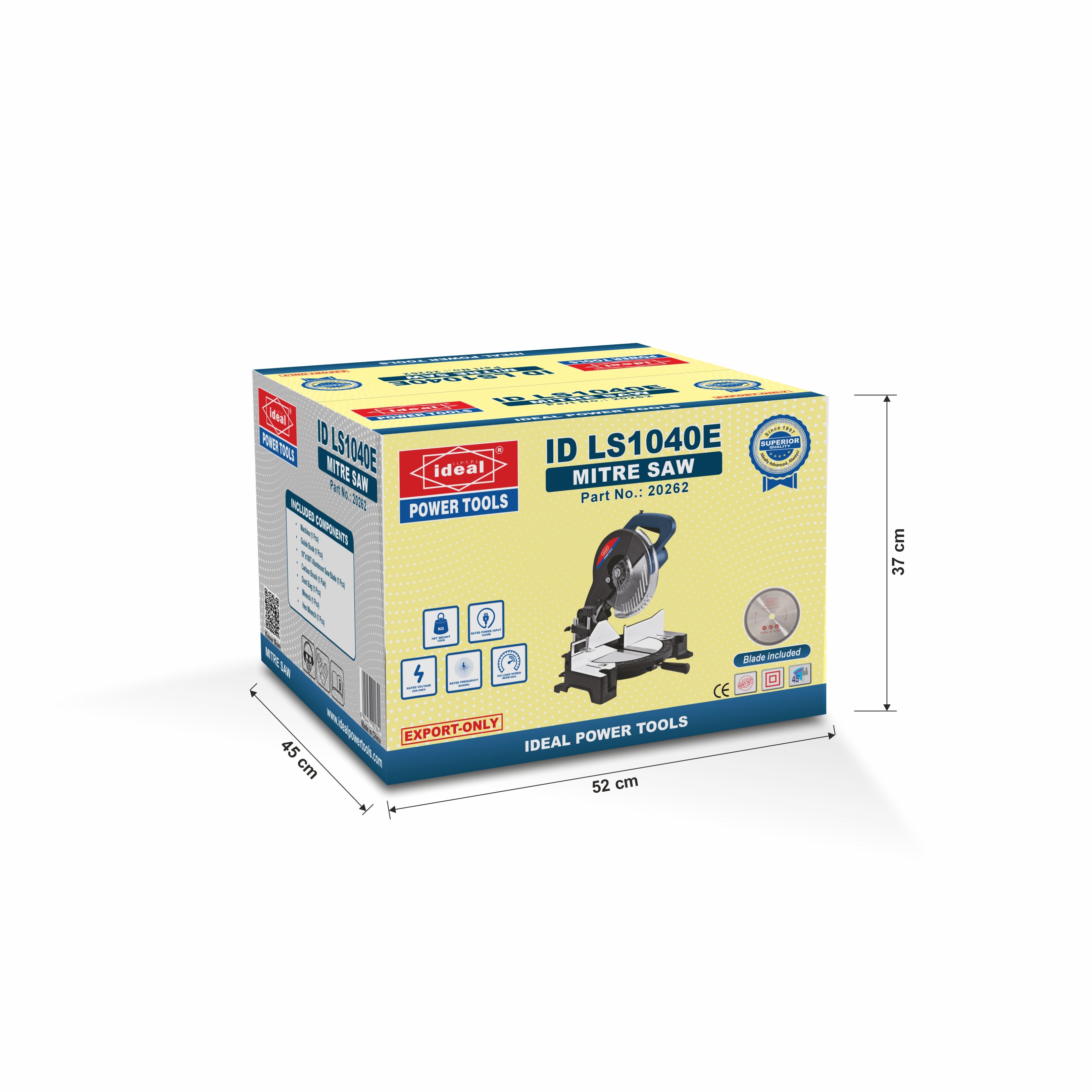 Box of Ideal Power Tools mitre saw ID LS1040E with dimensions on a white background