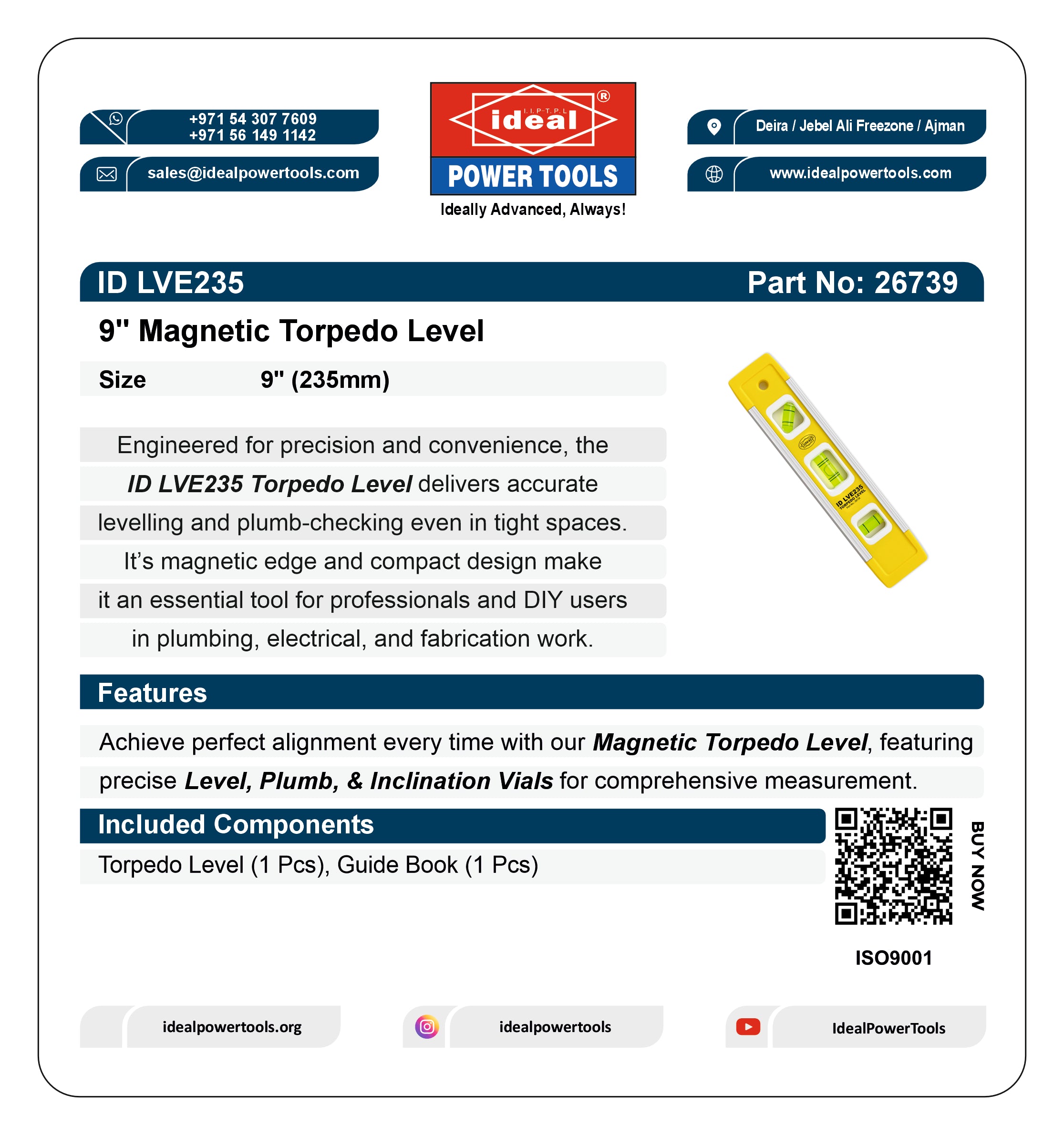 Product label for Ideal Power Tools 9-inch Magnetic Torpedo Level with contact information and features.