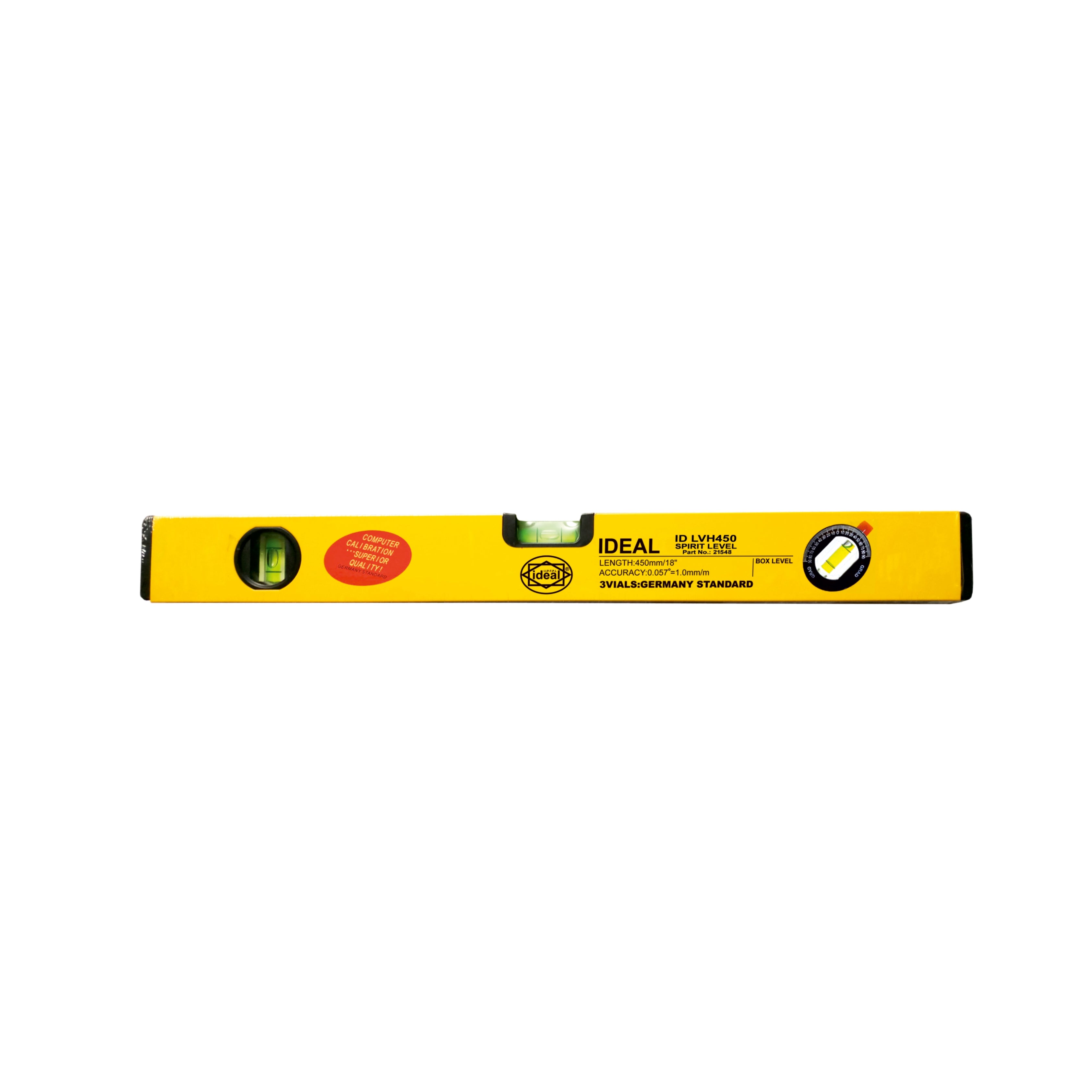 Yellow and black 18-inch spirit level with Ideal branding on a white background