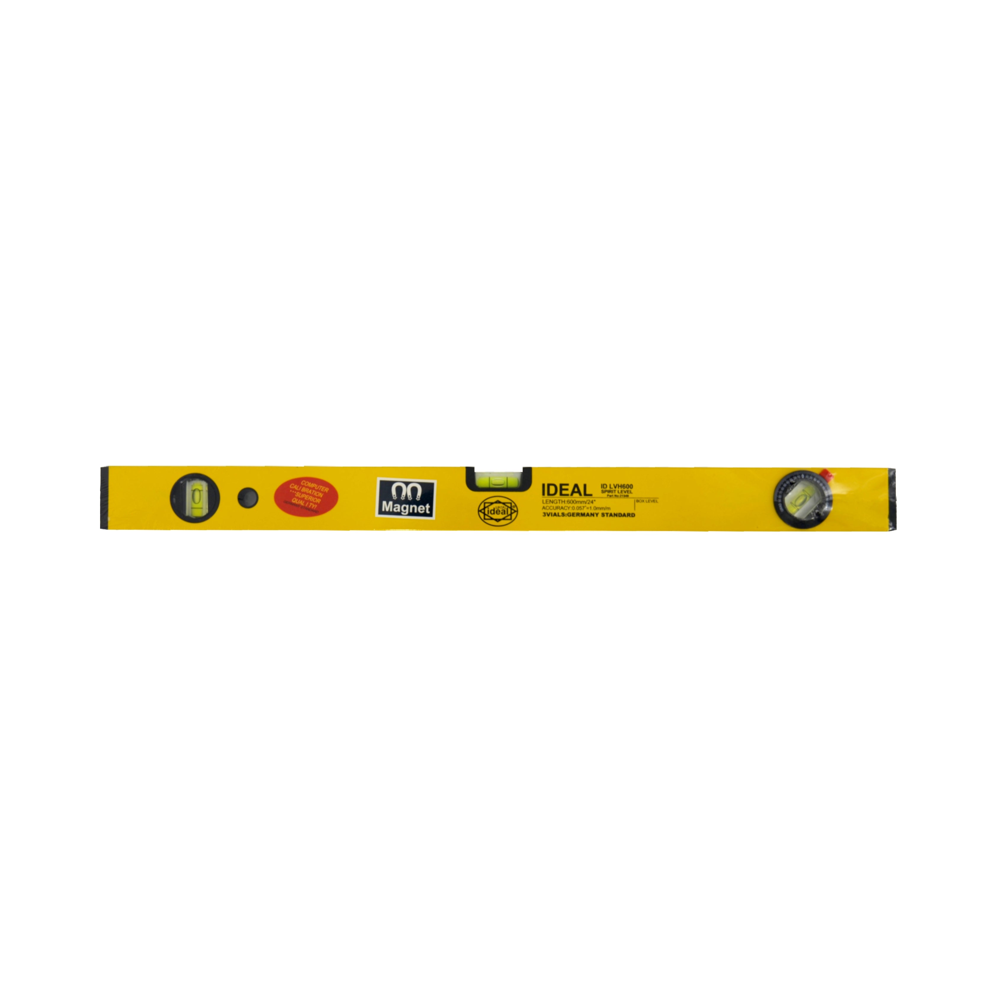 Yellow 24-inch spirit level tool with brand logo on a white background