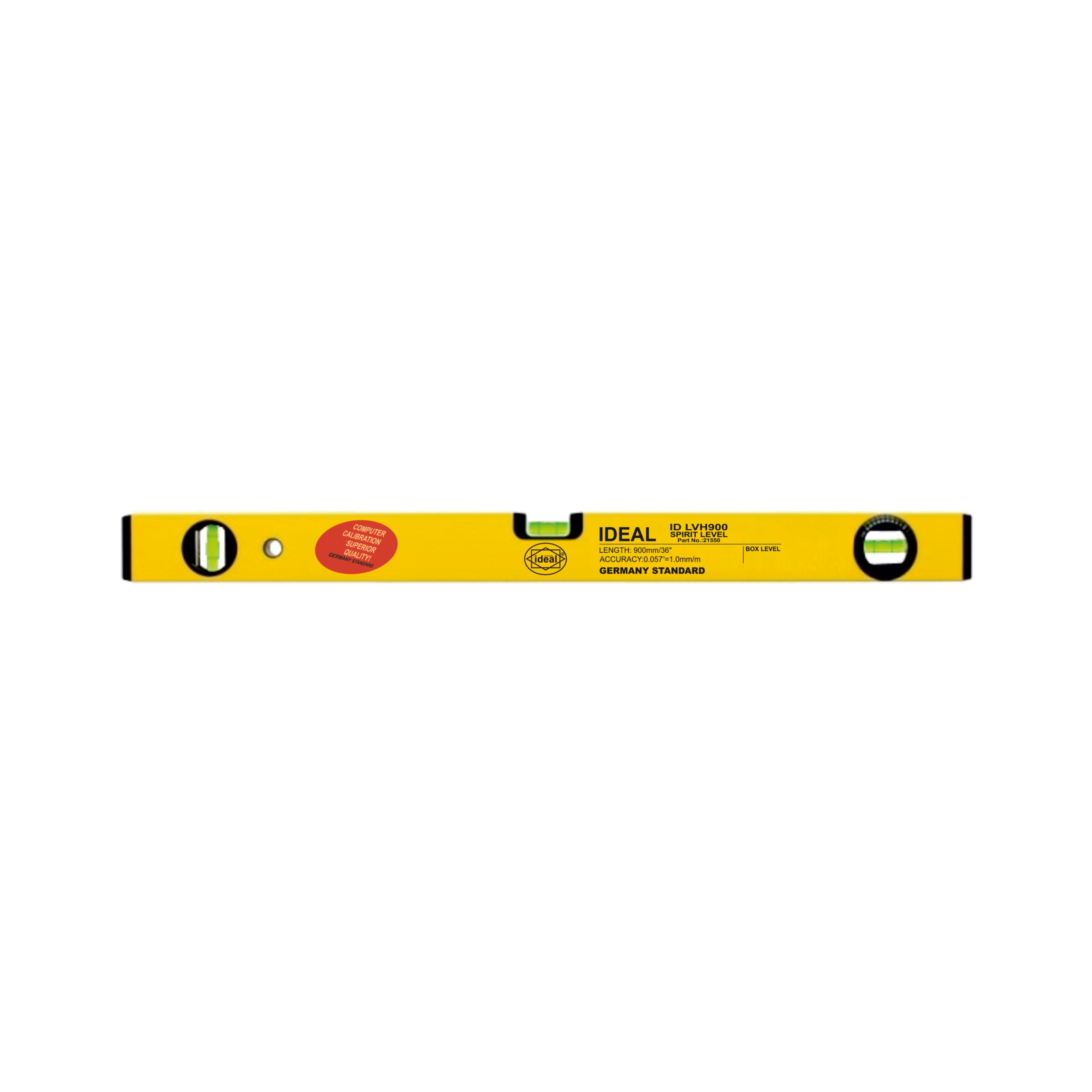 Yellow 36-inch spirit level tool with black markings on a white background