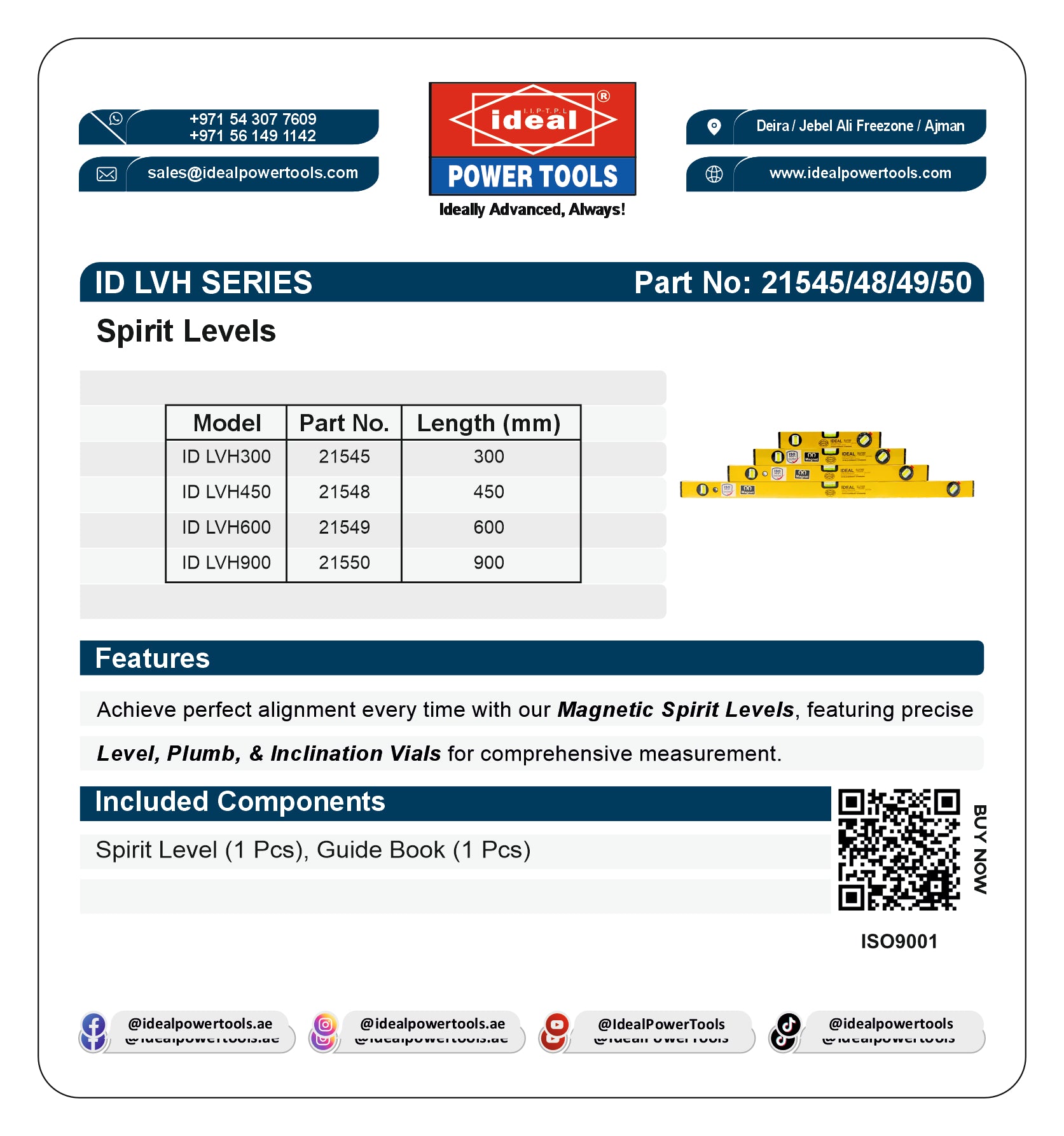 Product label for Ideal Power Tools 12-inch spirit level with model details and features.
