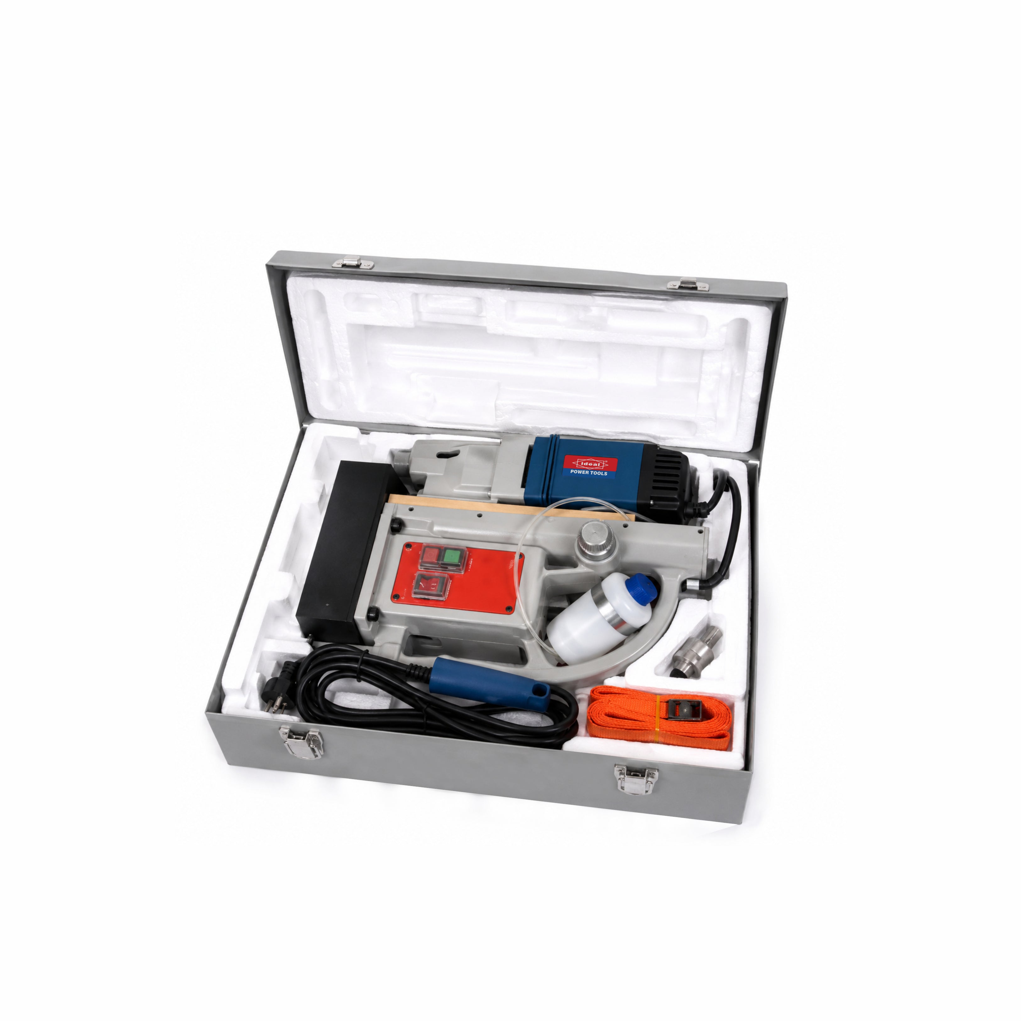 Open grey metal box with ID MD50HQ magnetic core drill machine and its accessories on a white background