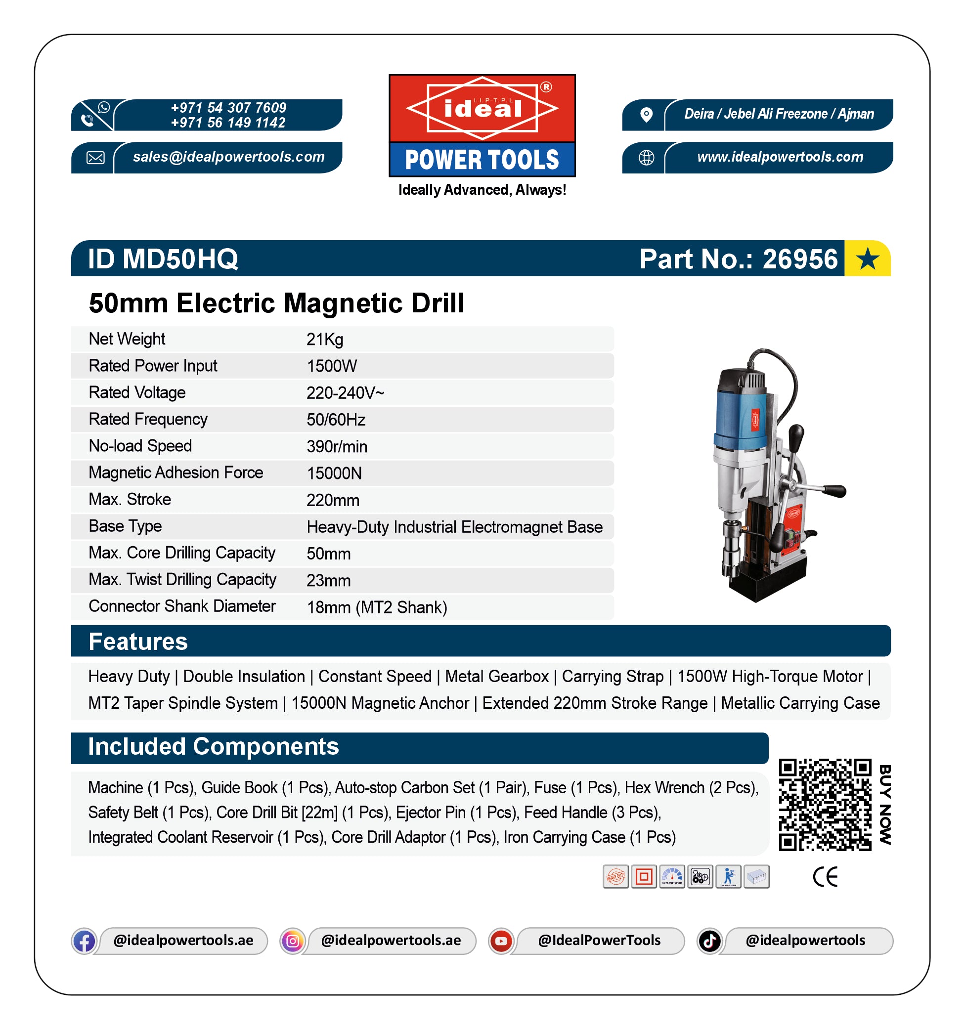 Product card for 50mm Electric Magnetic Drill ID MD50HQ with specifications and branding details.