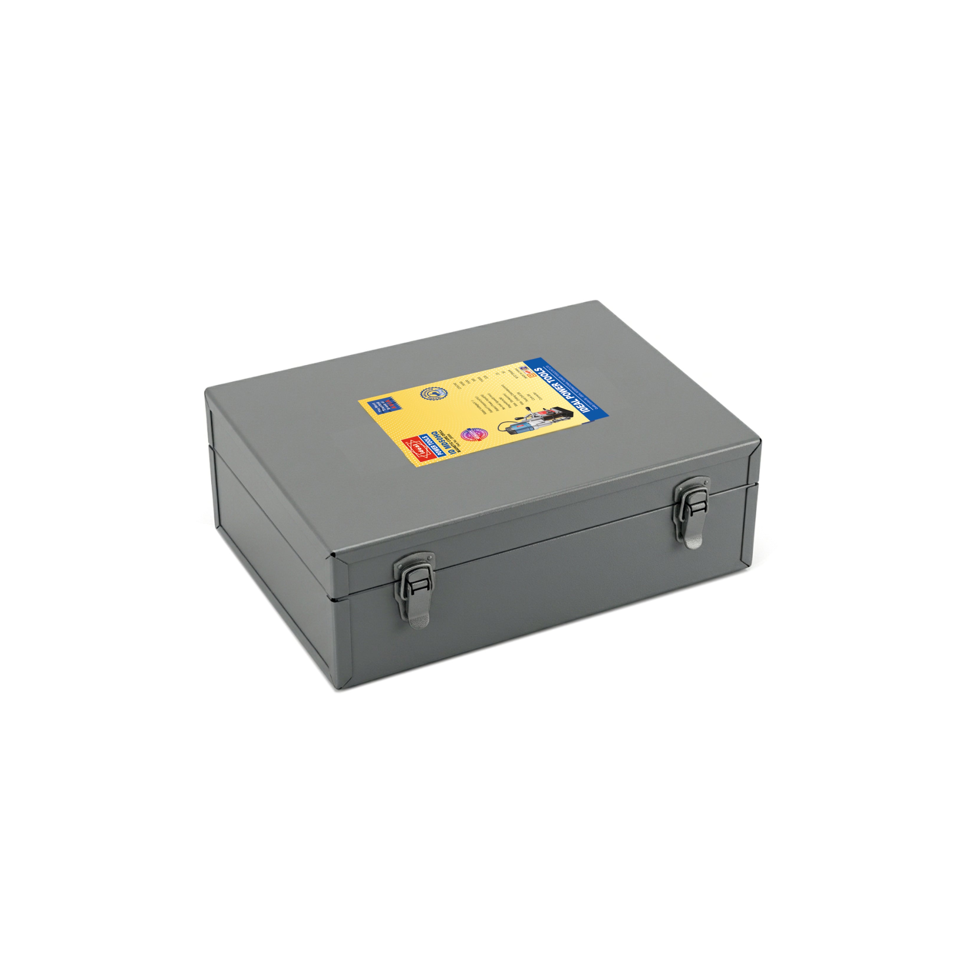 Gray metal box of ID MD50HQ magnetic core drill machine with a yellow label on a white background