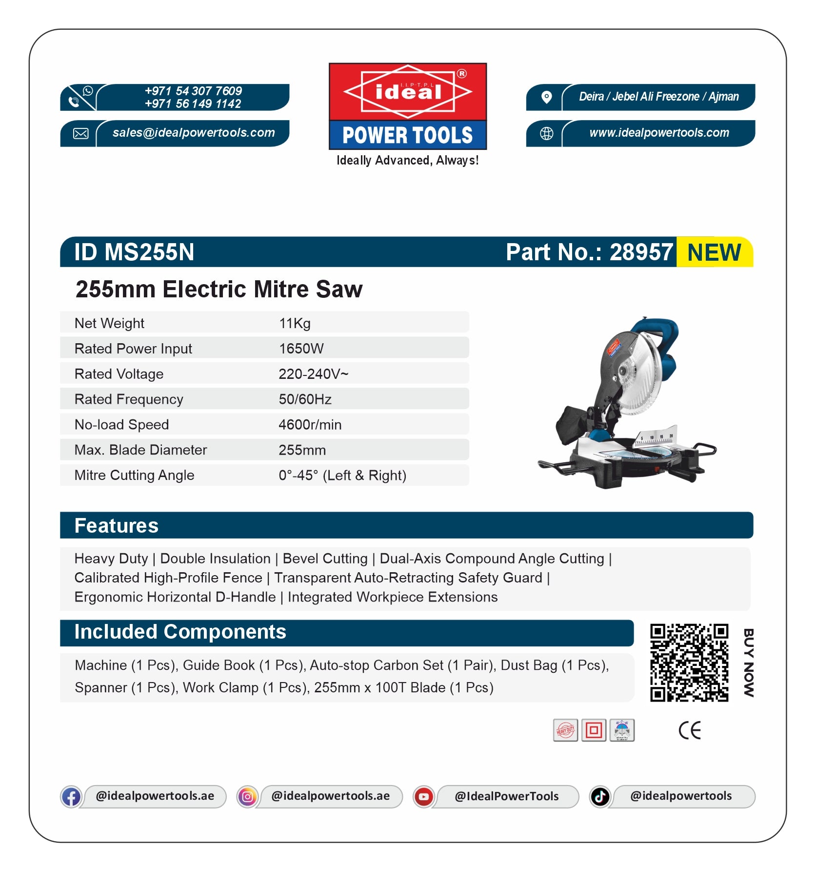 Ideal Power Tools 255mm Electric Mitre Saw product card with specifications and features.