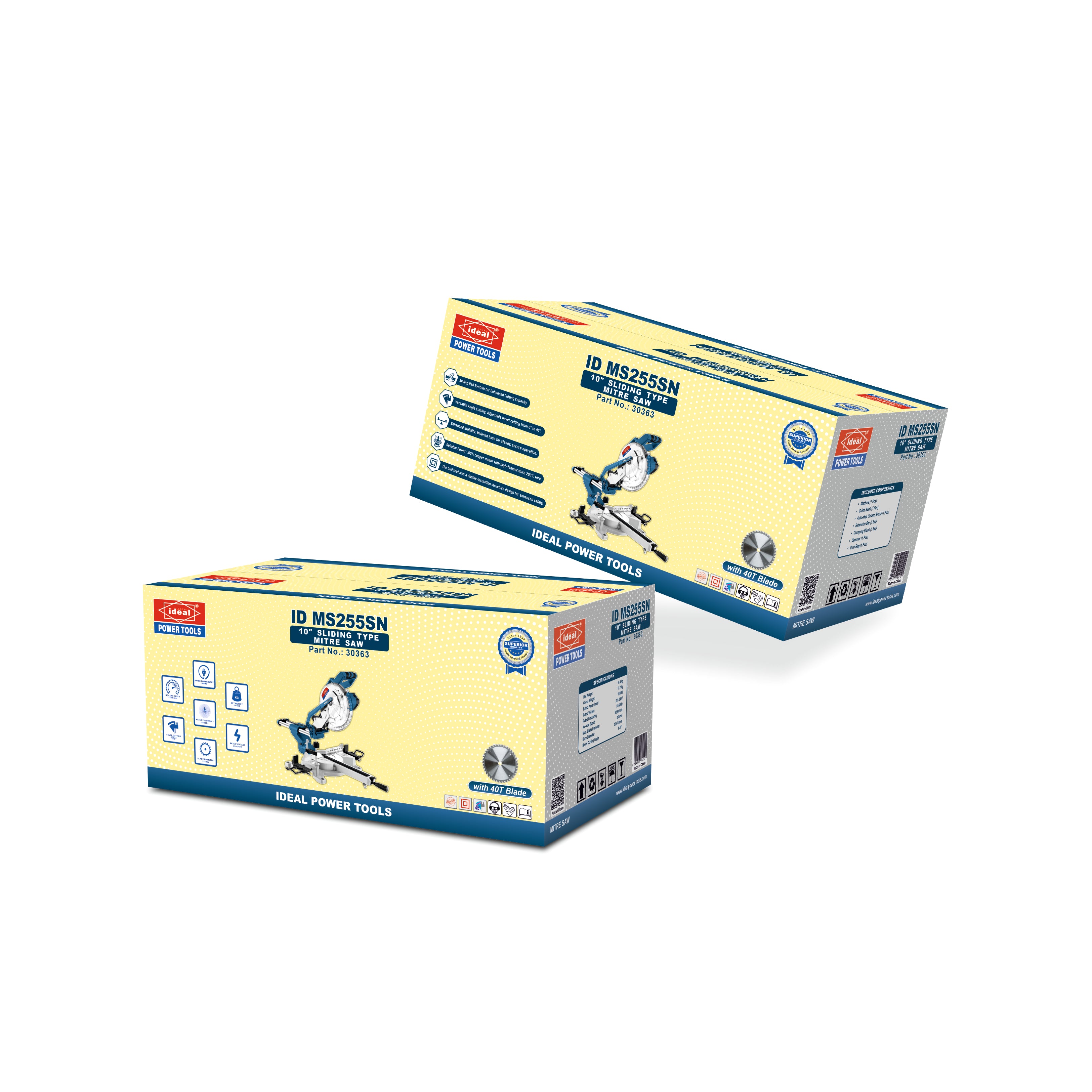 Two boxes of Ideal Power Tools ID MS255SN mitre saw on a white background