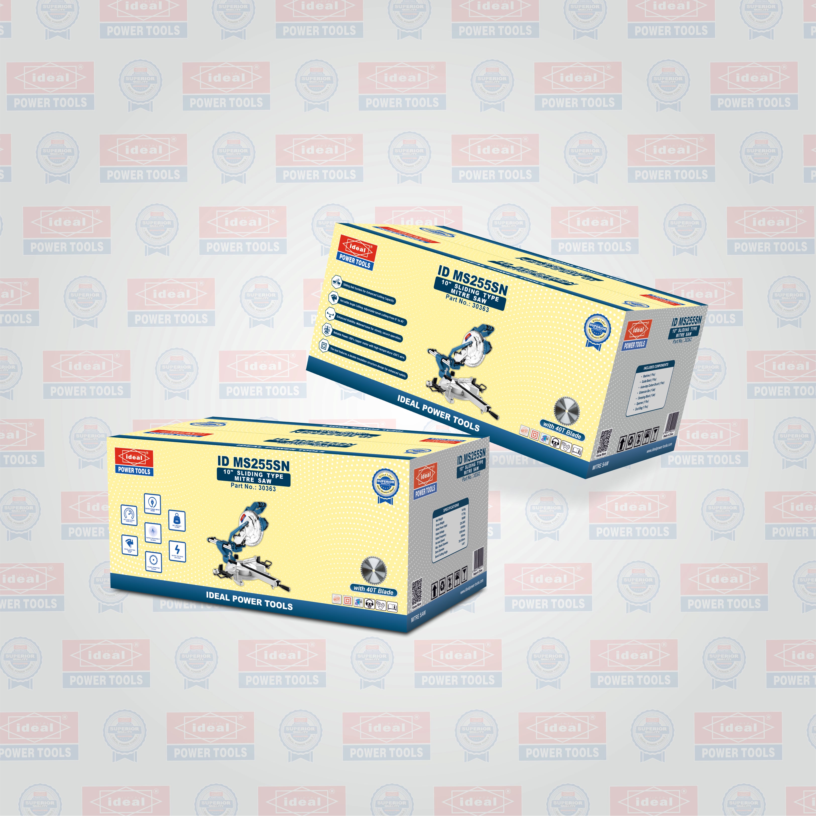 Two boxes of Ideal Power Tools ID MS255SN mitre saw on a branded background