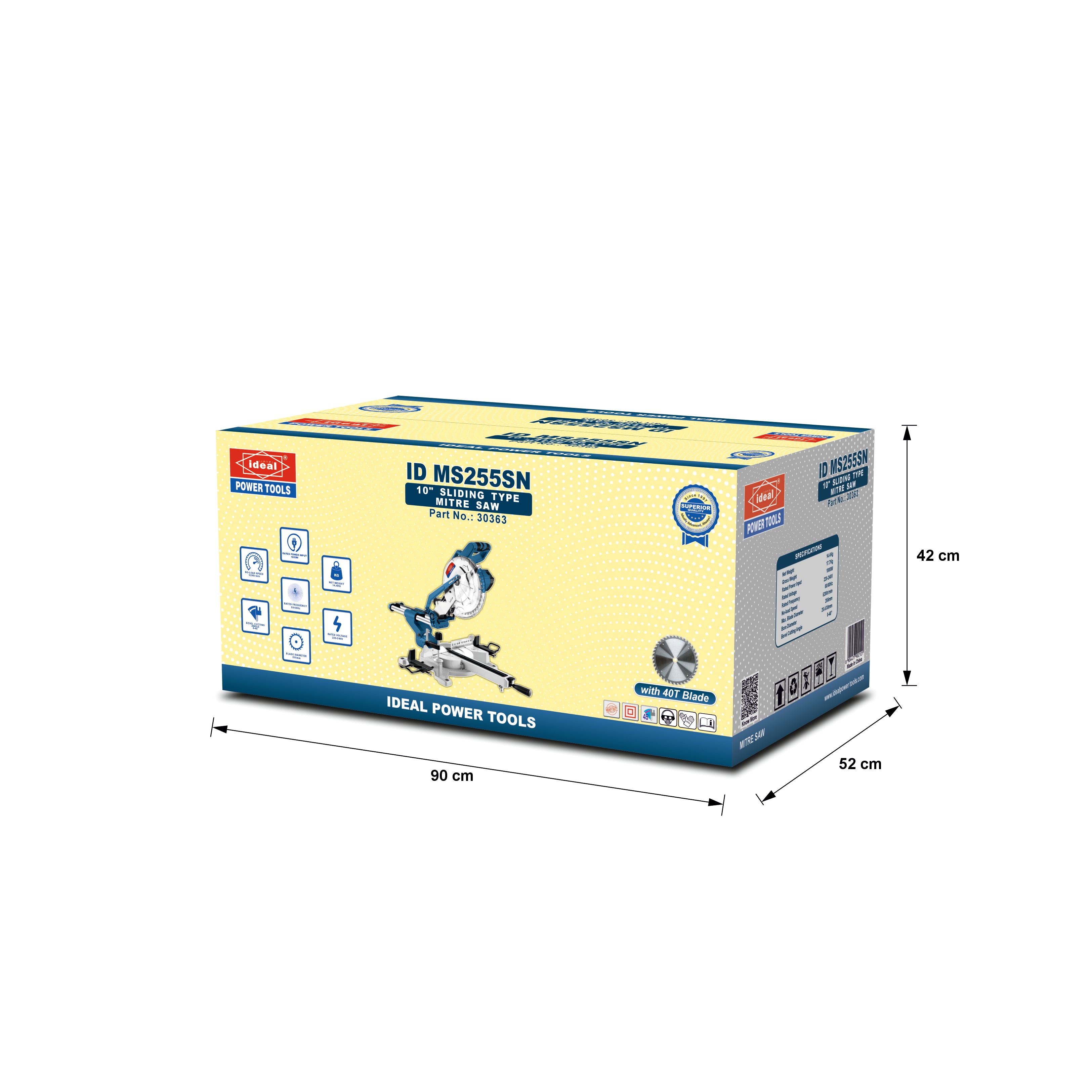 Box of Ideal Power Tools ID MS255SN mitre saw with dimensions on a white background