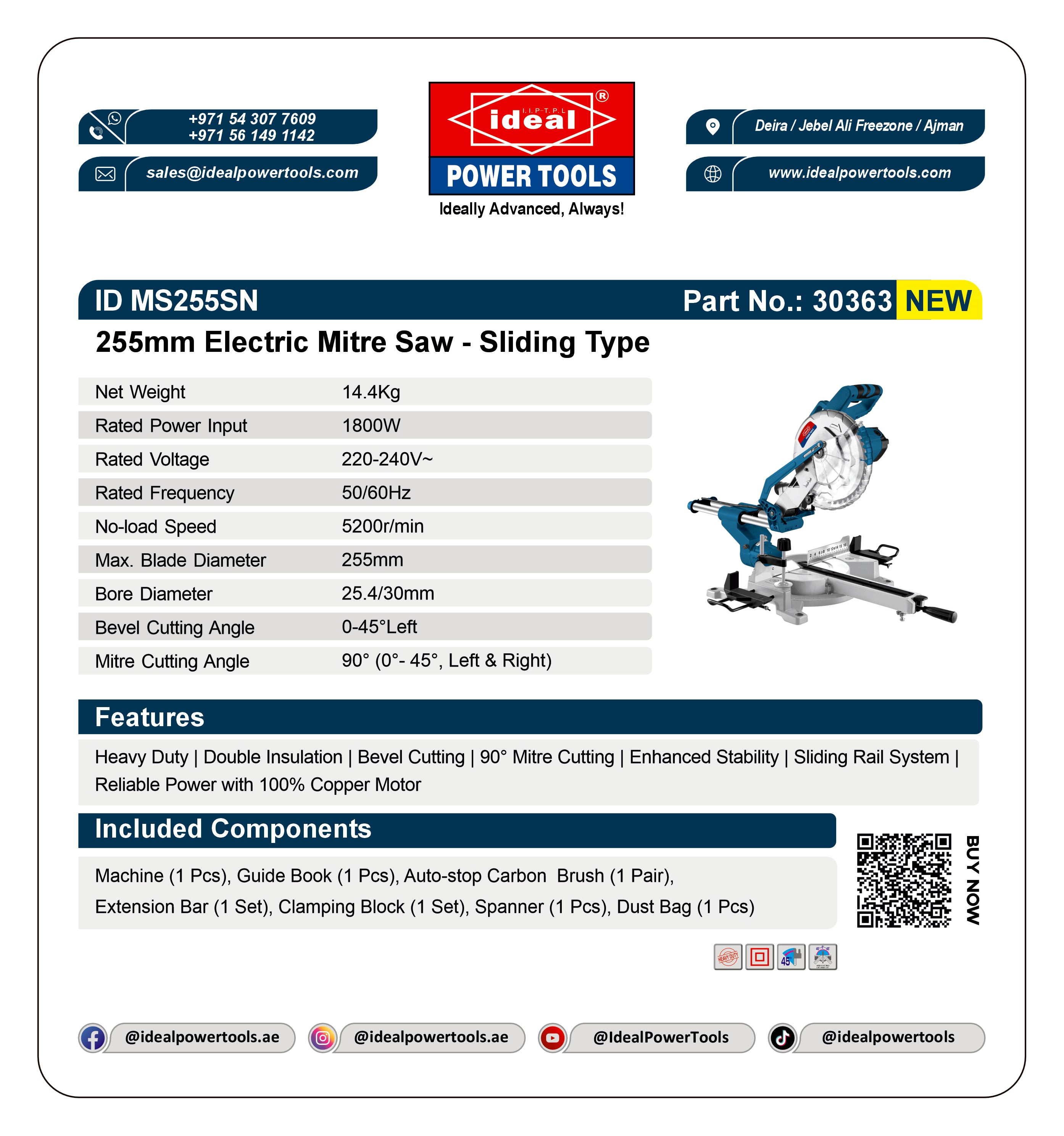 Product label for 255mm Electric Mitre Saw with specifications and features listed.